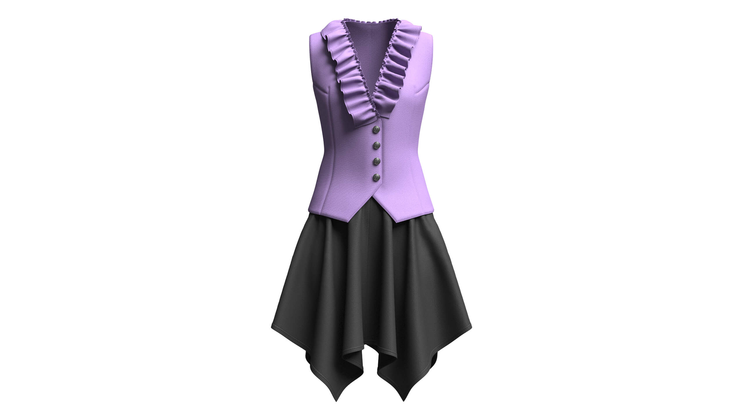Girls Ruffled Buttoned Vest with Skirt - Outfit 3D Model
