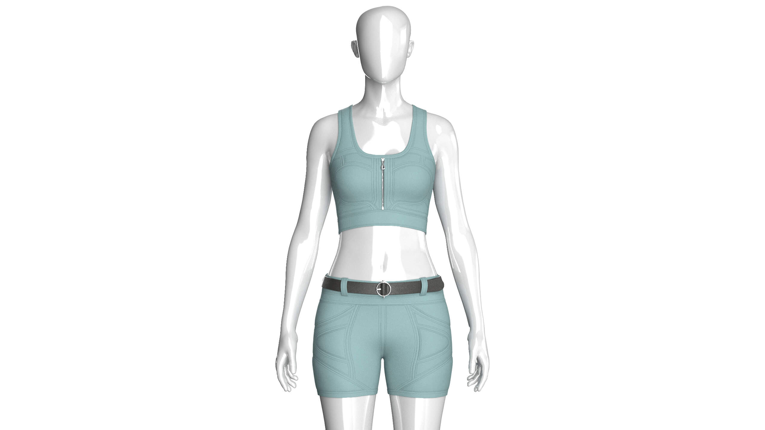 Girls Scoop Neck Zip Crop Top with Panel Shorts 3D Model