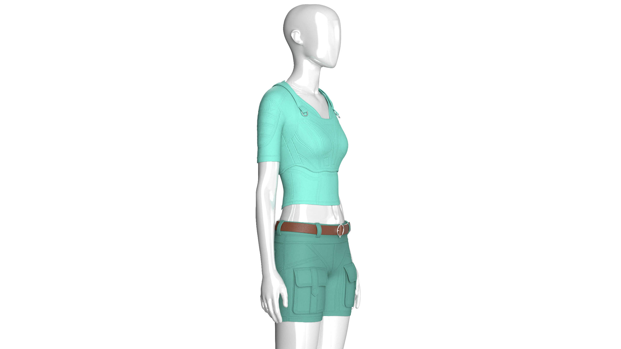 Girls Short Sleeve Crop Top with Flap Pocket Shorts 3D Model