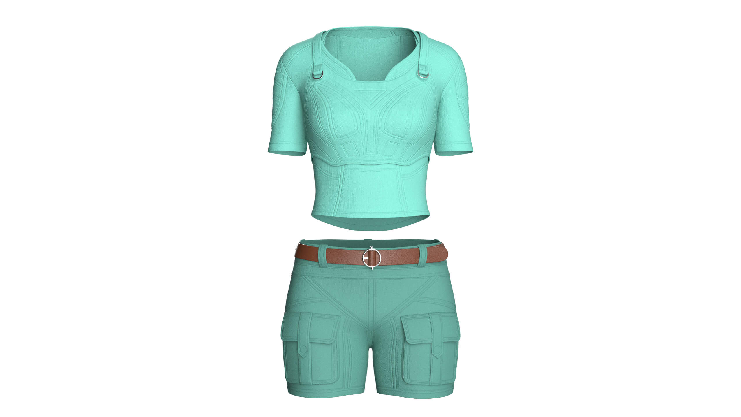 Girls Short Sleeve Crop Top with Flap Pocket Shorts 3D Model