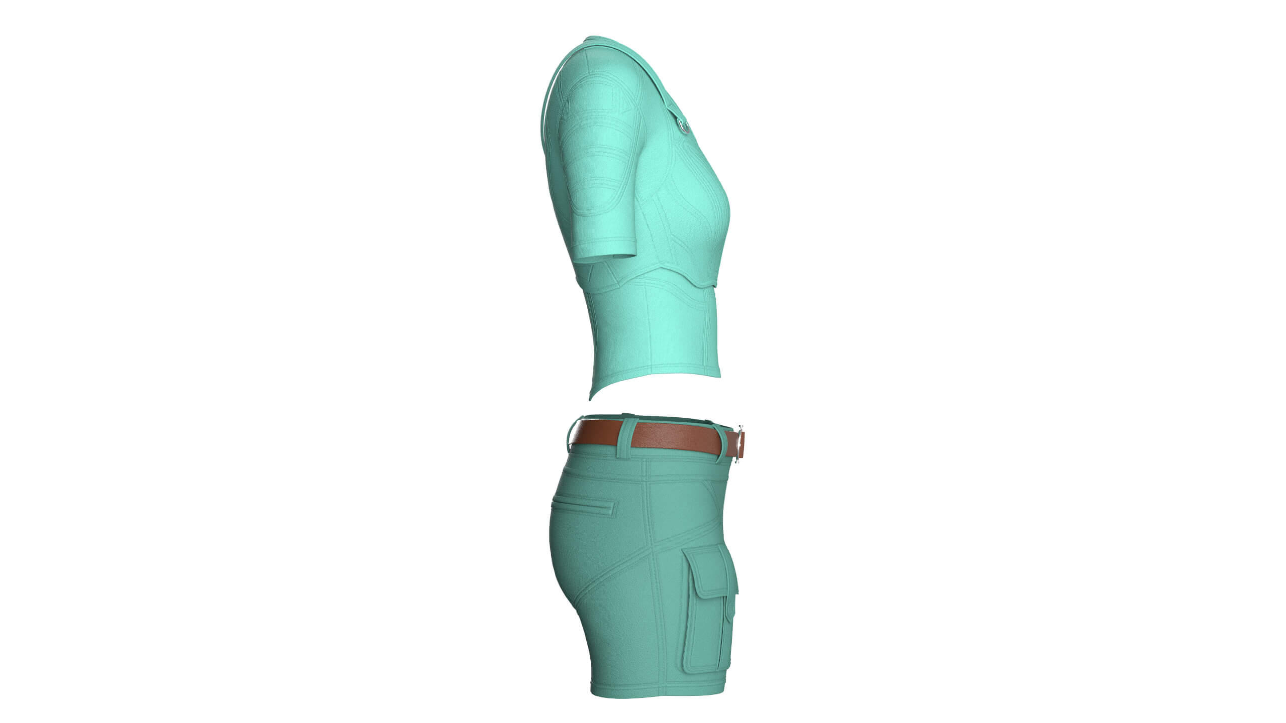 Girls Short Sleeve Crop Top with Flap Pocket Shorts 3D Model