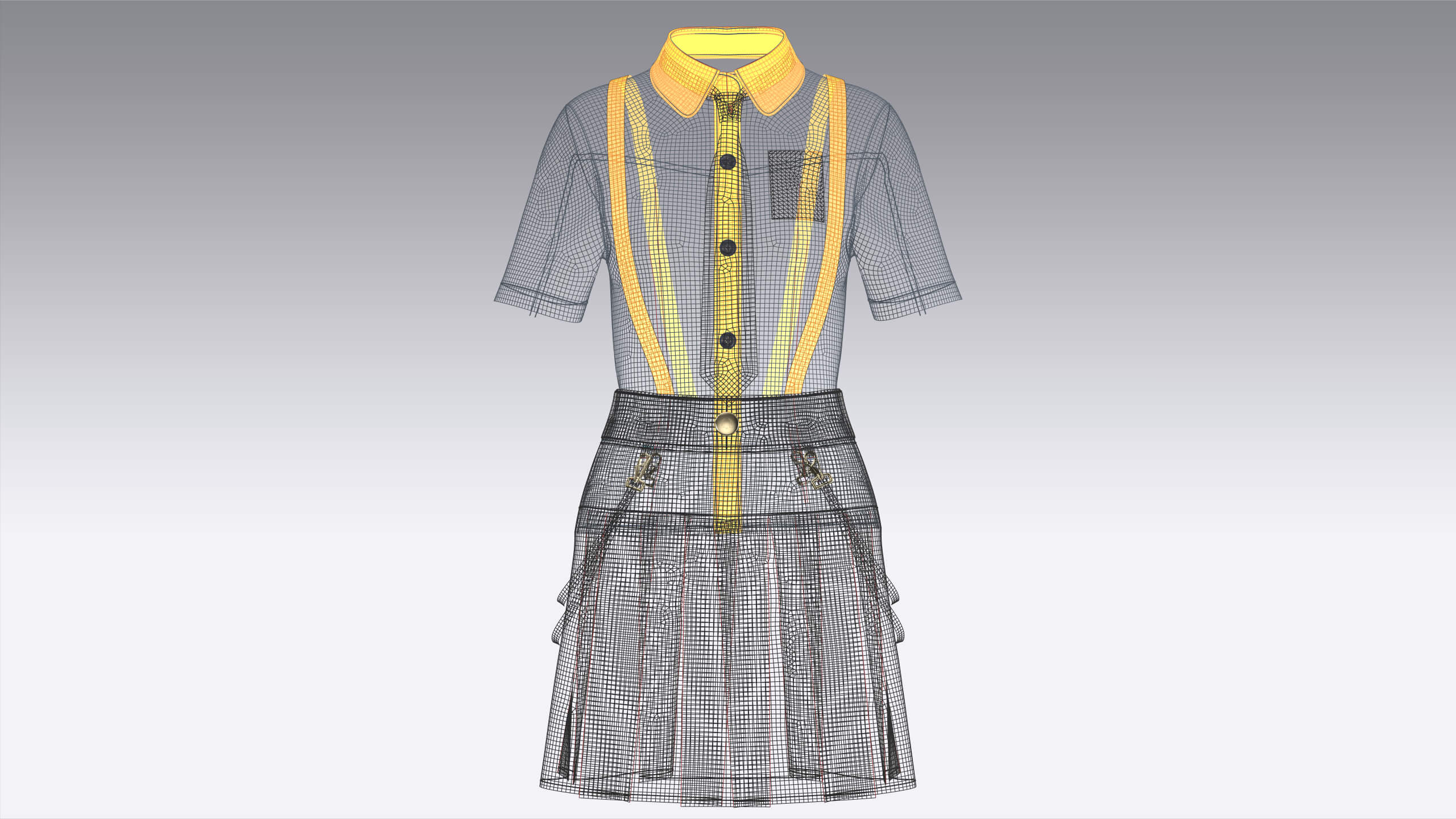 Girls Short Sleeve Shirt with Suspenders Skirt - Outfit 3D Model