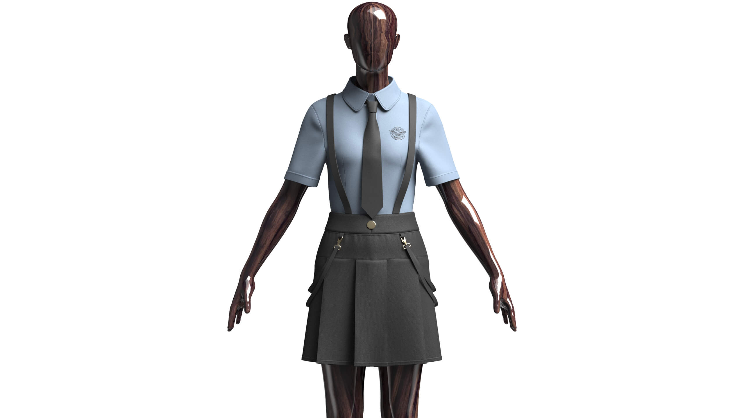 Girls Short Sleeve Shirt with Suspenders Skirt - Outfit 3D Model