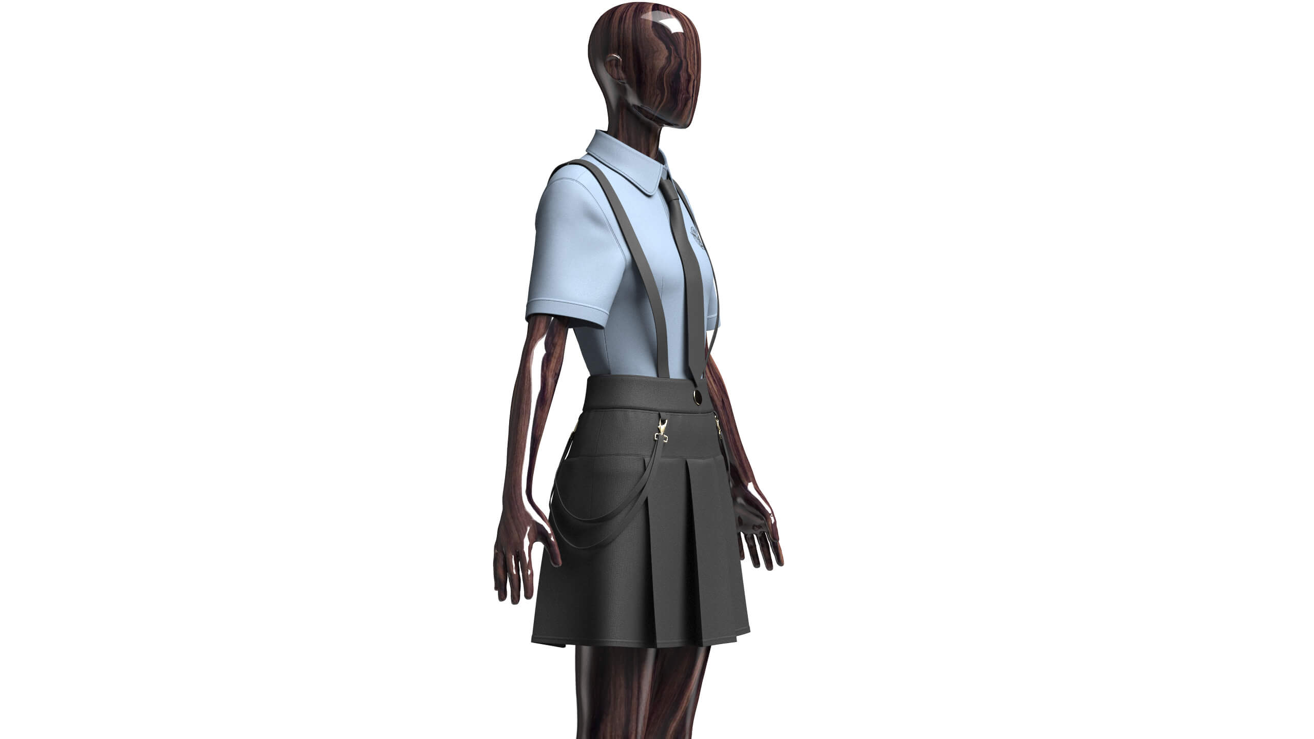 Girls Short Sleeve Shirt with Suspenders Skirt - Outfit 3D Model