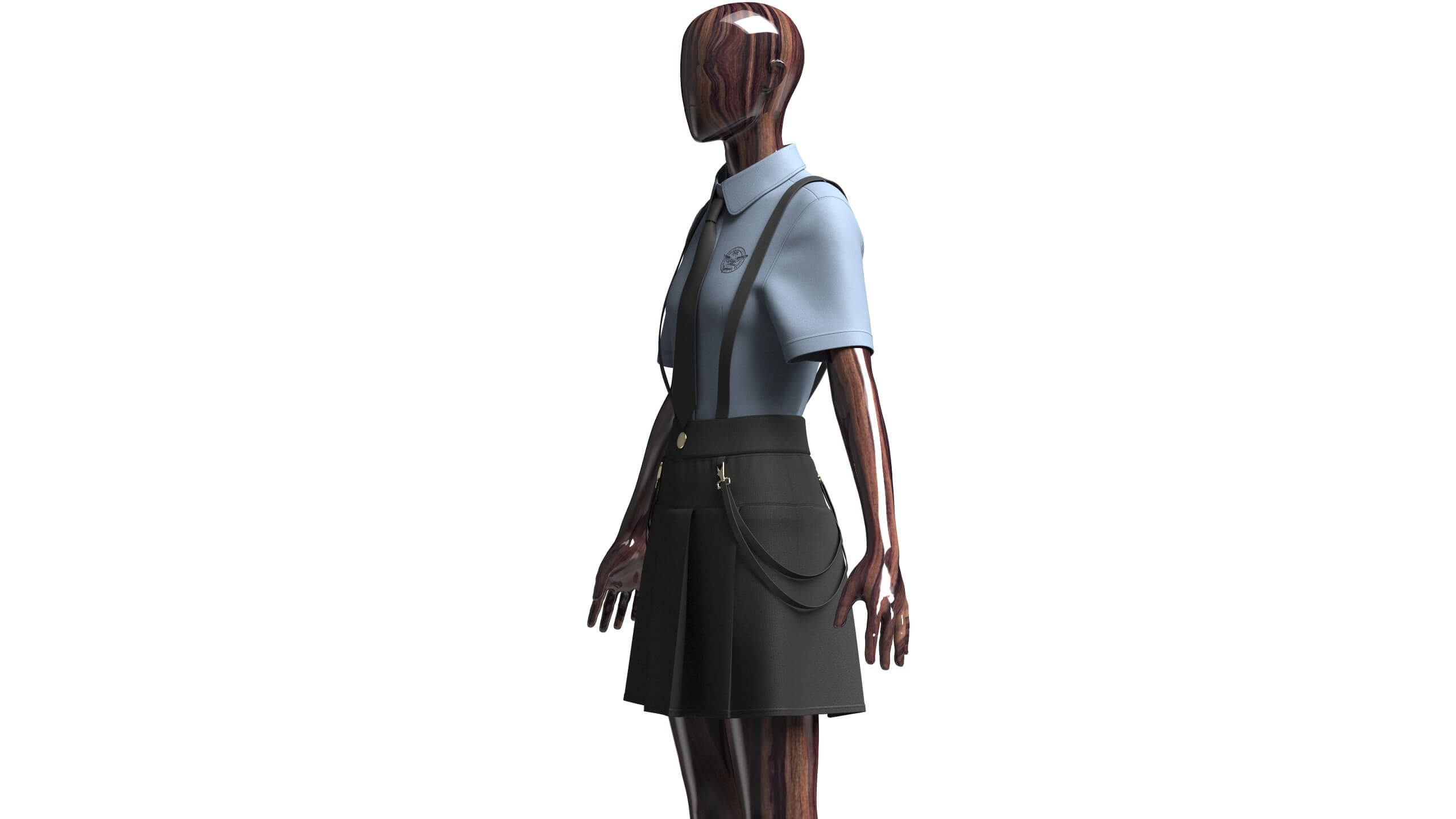 Girls Short Sleeve Shirt with Suspenders Skirt - Outfit 3D Model