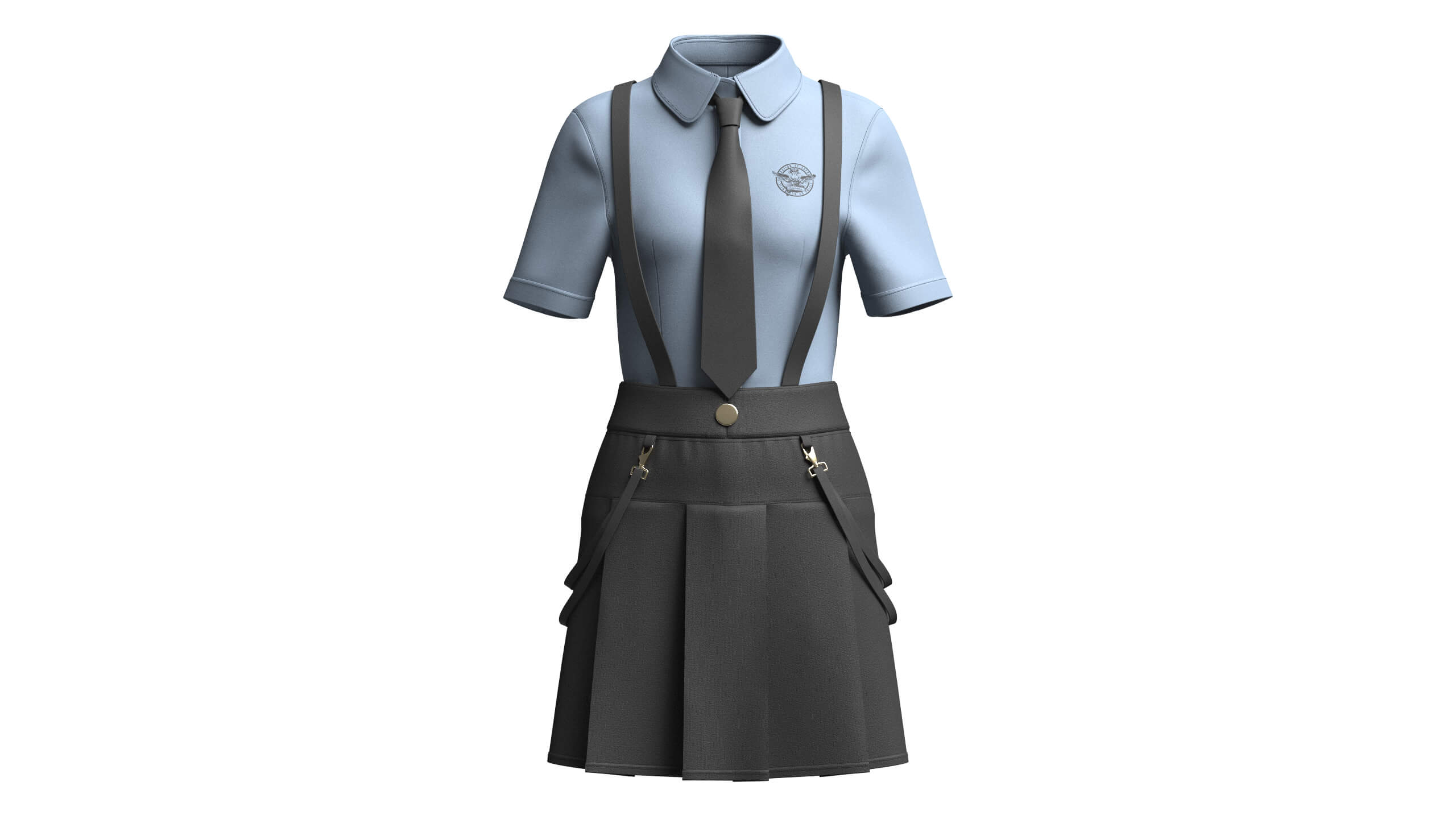 Girls Short Sleeve Shirt with Suspenders Skirt - Outfit 3D Model