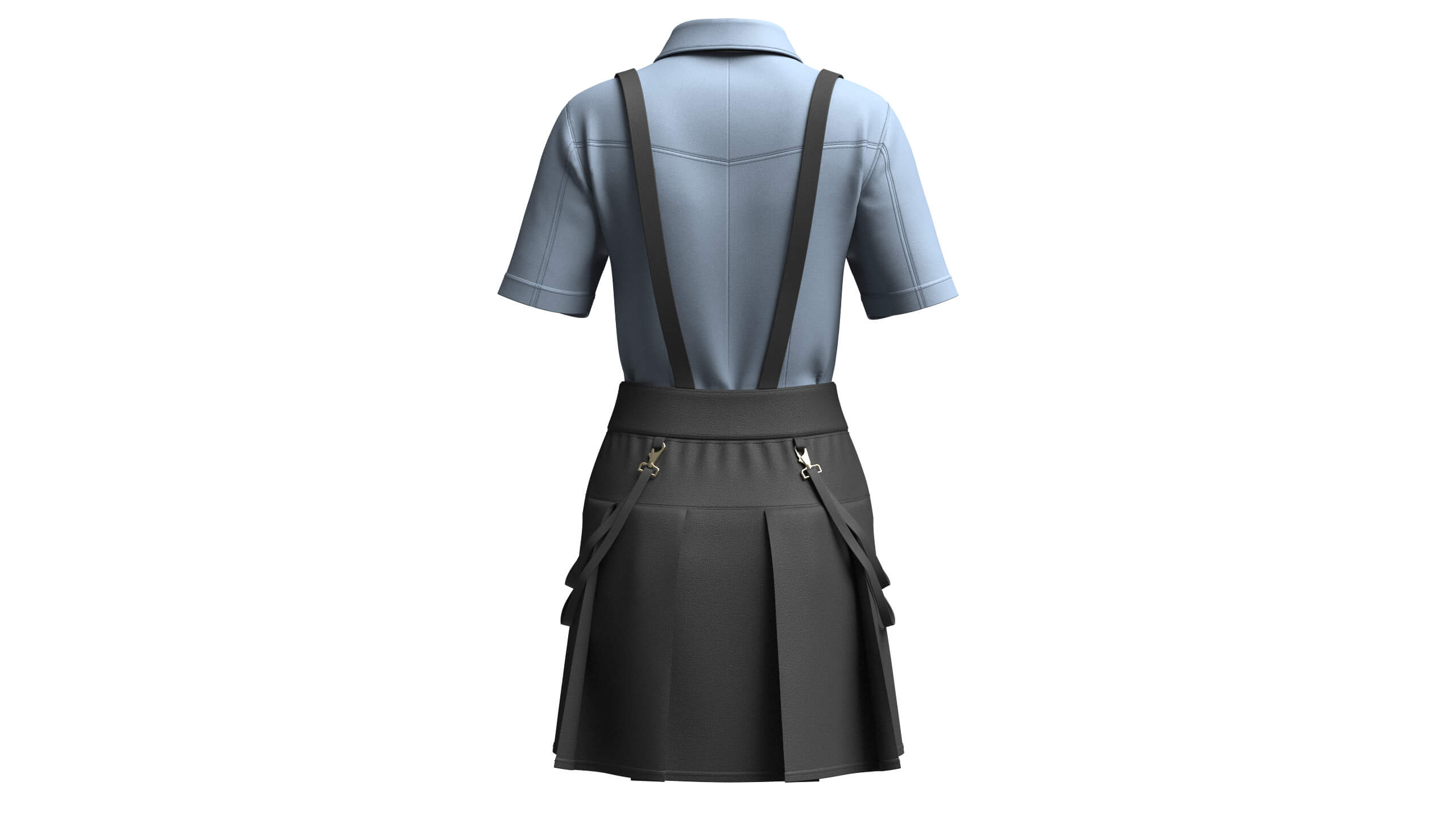 Girls Short Sleeve Shirt with Suspenders Skirt - Outfit 3D Model