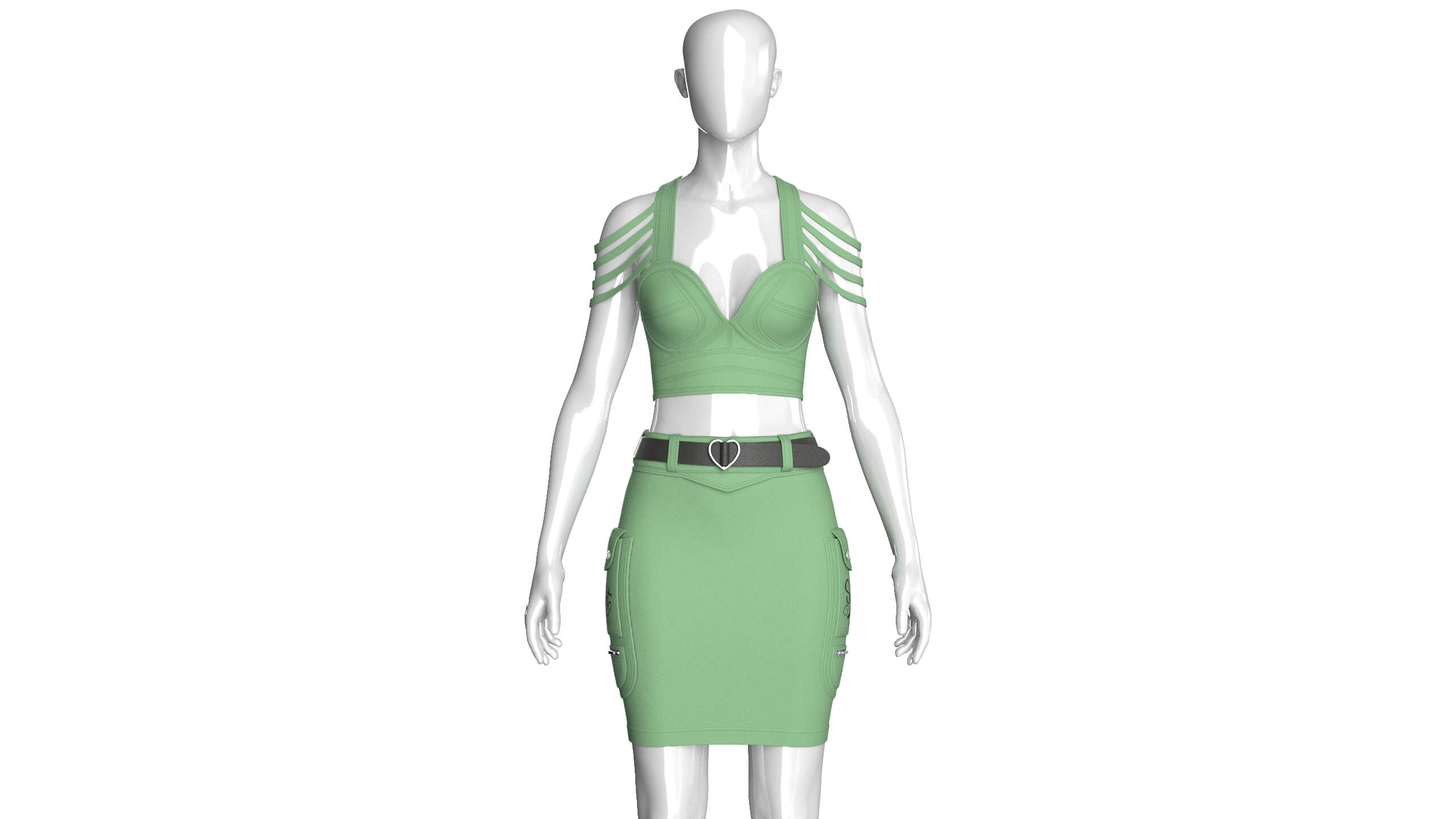 Girls Shoulder Strap Crop Top With Cargo Skirt 3D Model