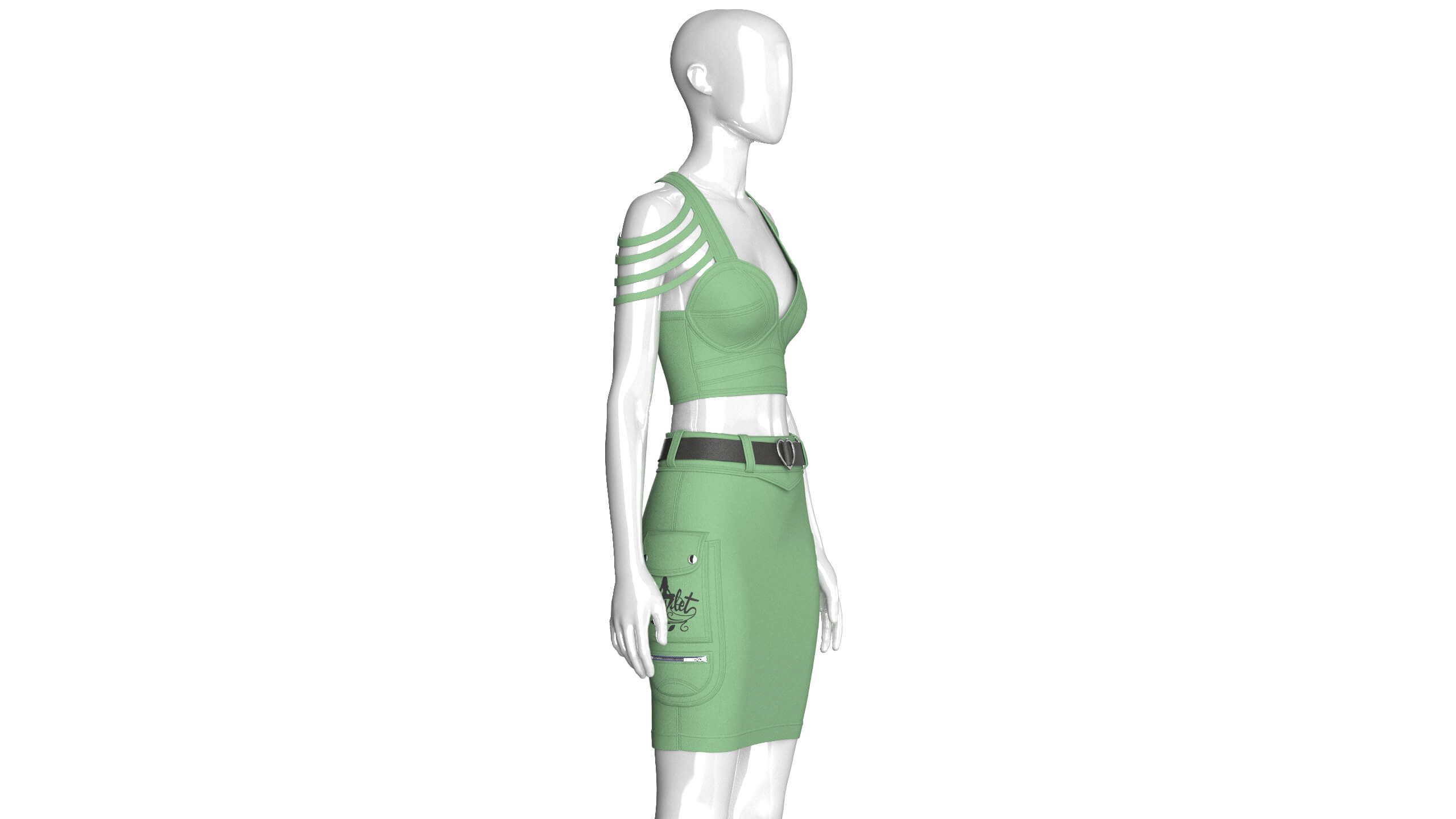 Girls Shoulder Strap Crop Top With Cargo Skirt 3D Model