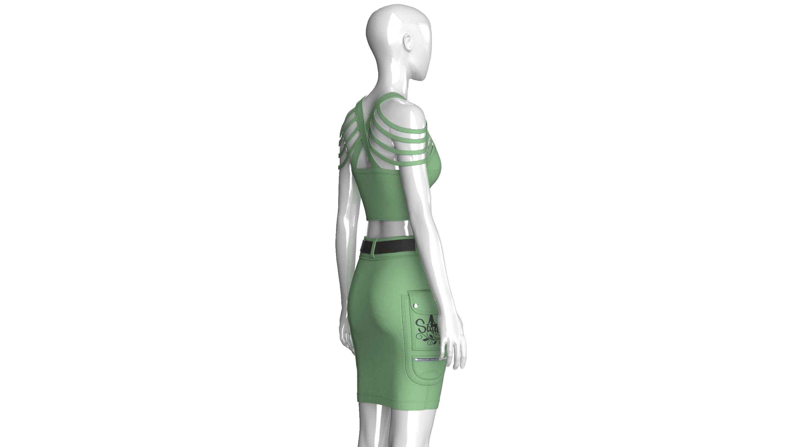 Girls Shoulder Strap Crop Top With Cargo Skirt 3D Model