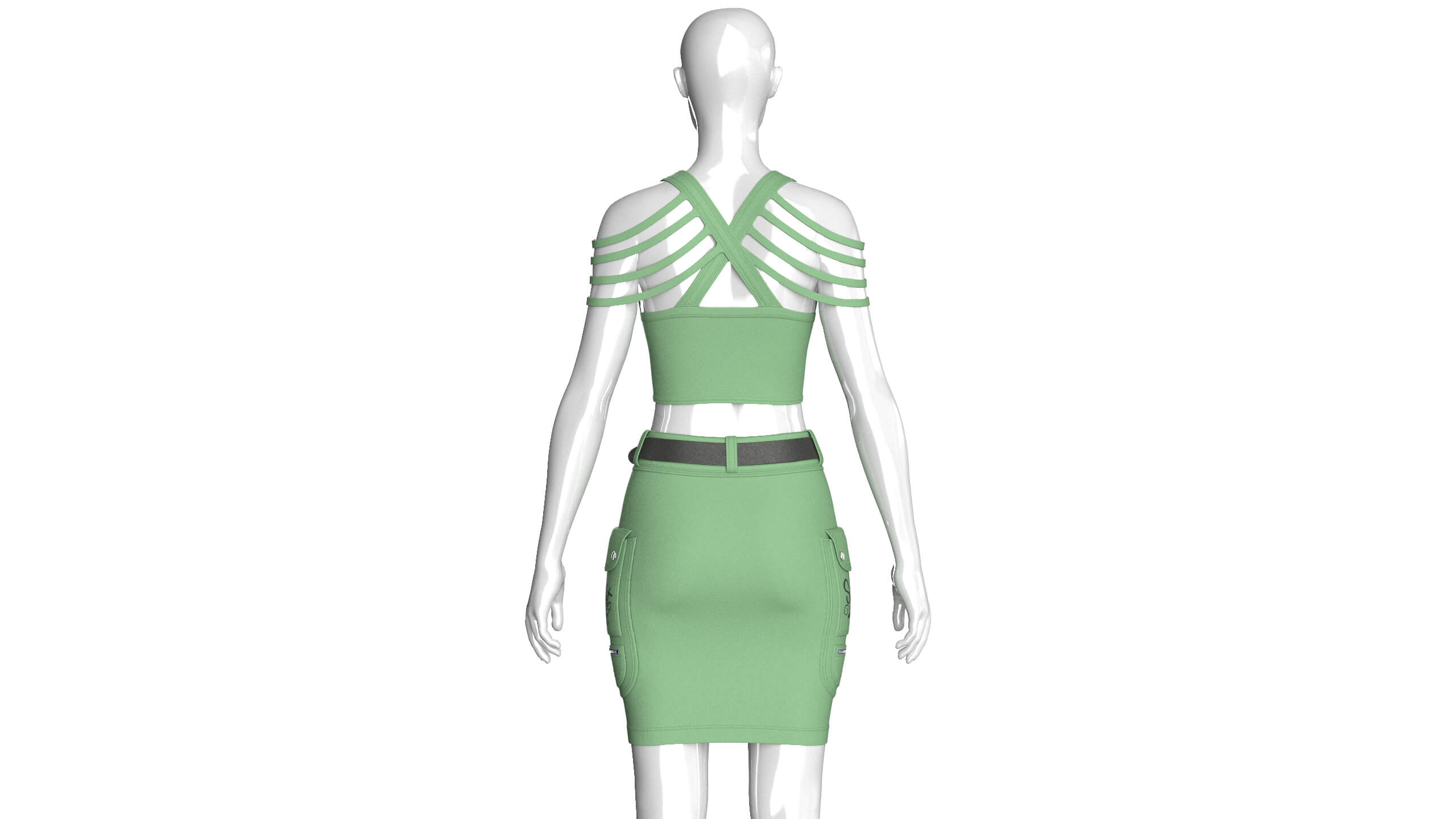 Girls Shoulder Strap Crop Top With Cargo Skirt 3D Model