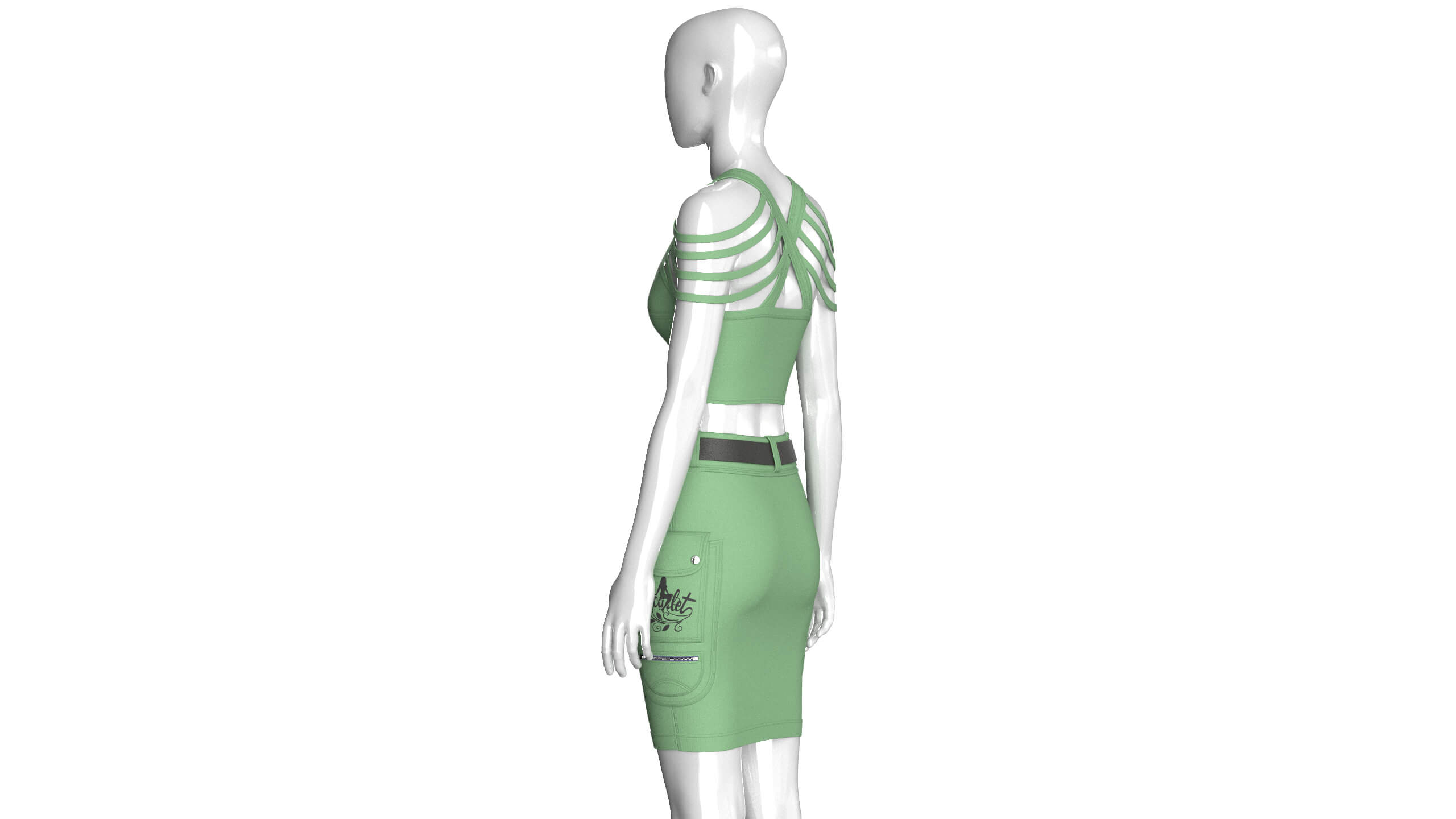 Girls Shoulder Strap Crop Top With Cargo Skirt 3D Model