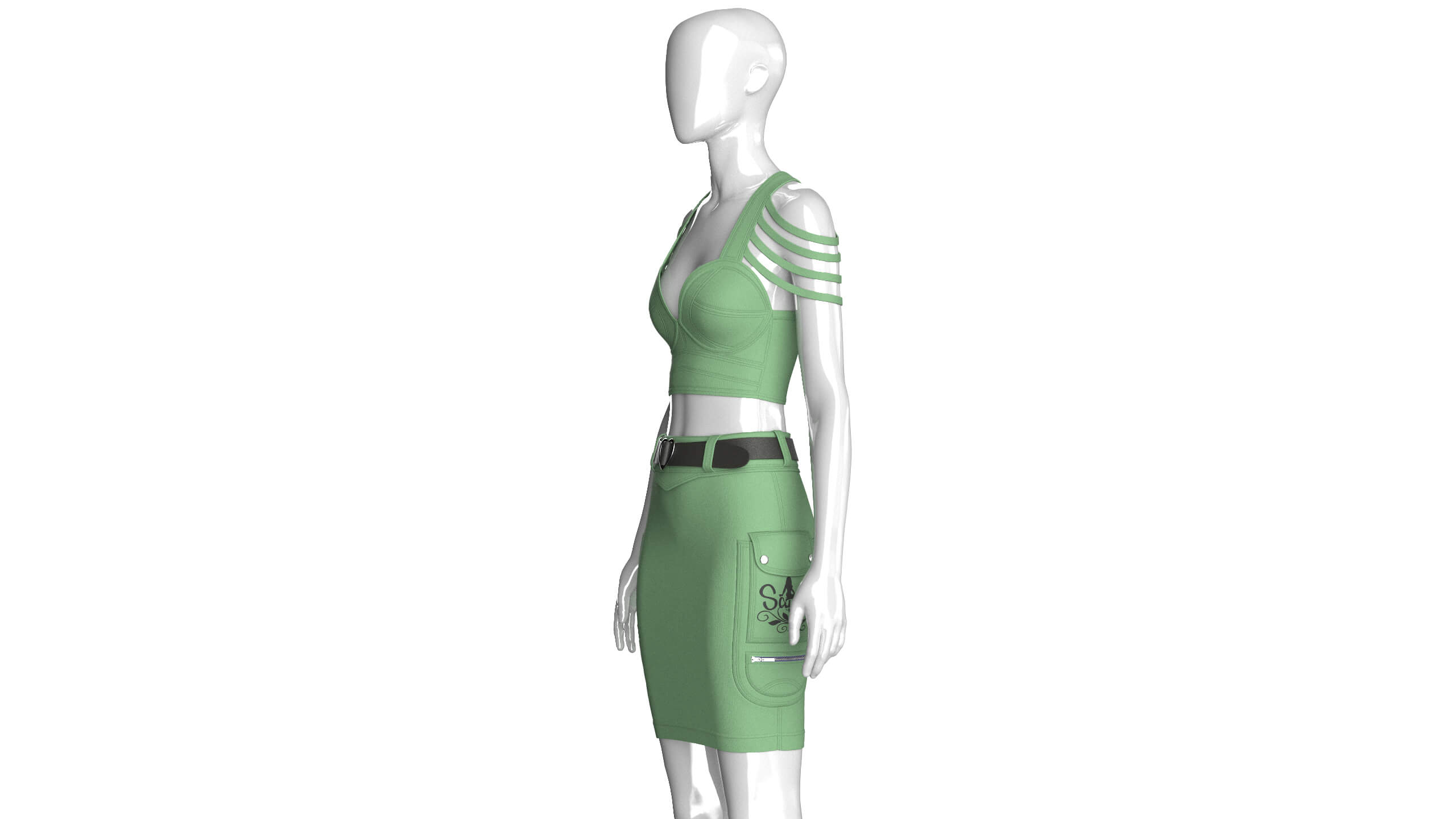 Girls Shoulder Strap Crop Top With Cargo Skirt 3D Model