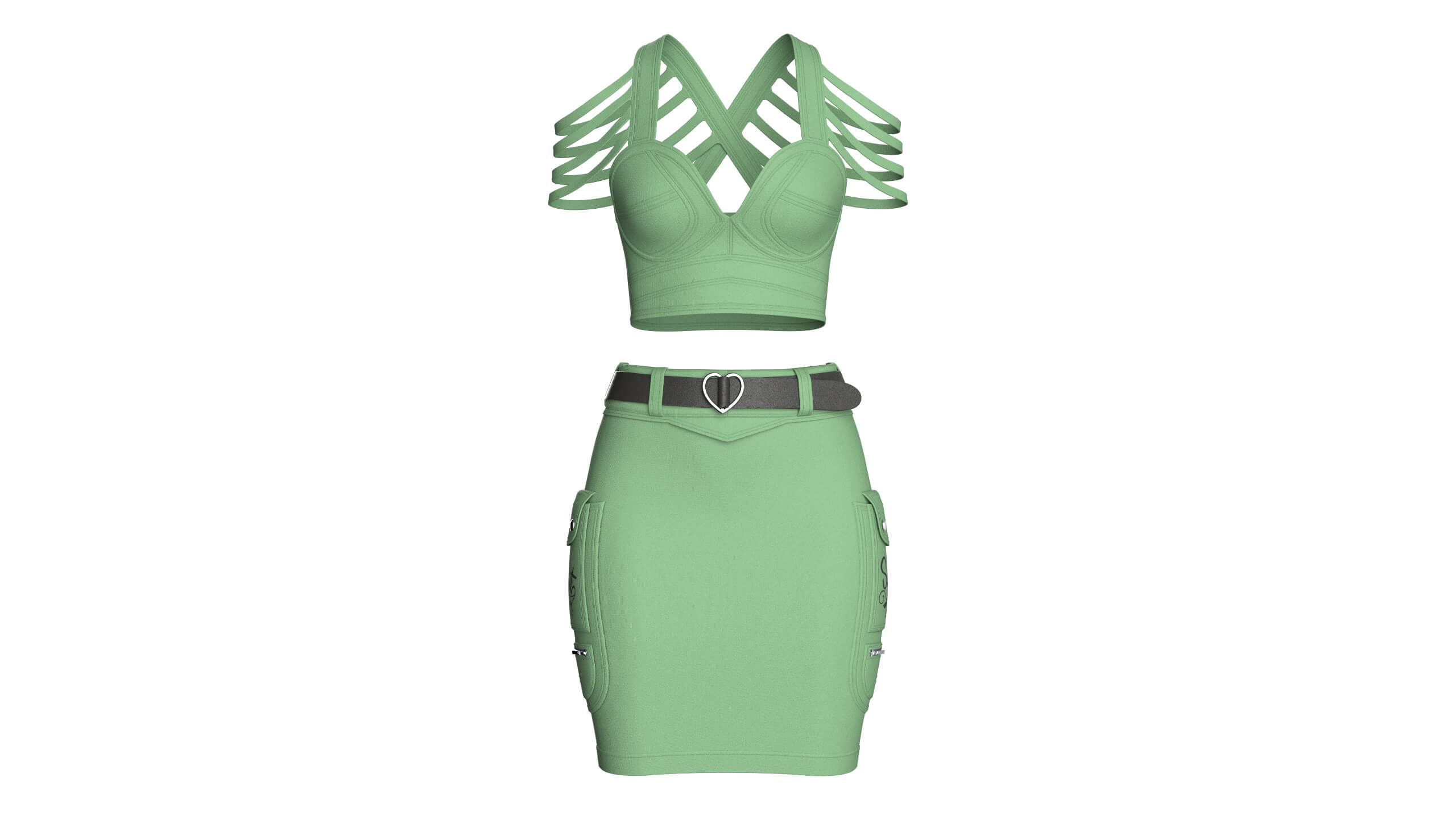 Girls Shoulder Strap Crop Top With Cargo Skirt 3D Model