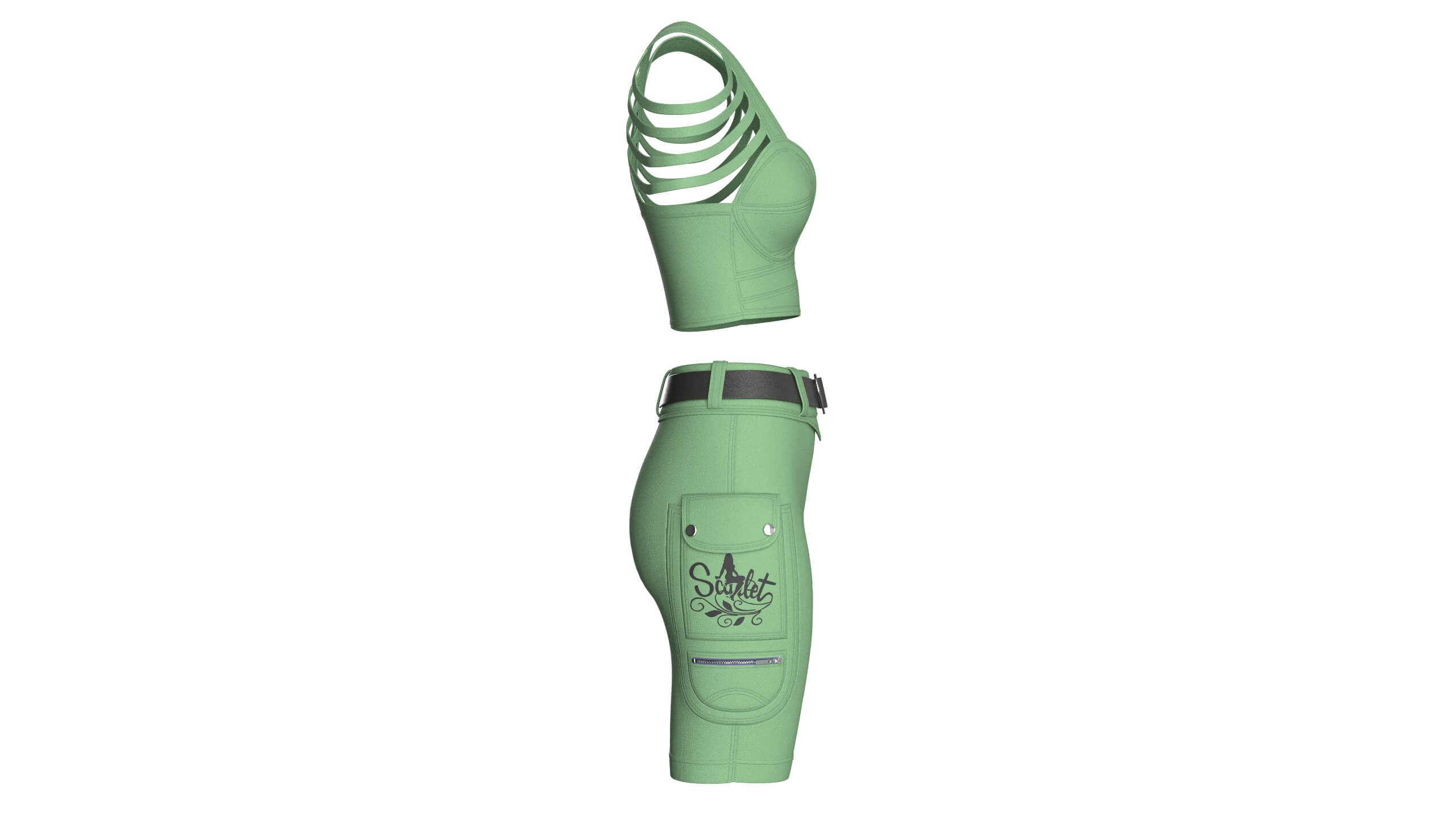 Girls Shoulder Strap Crop Top With Cargo Skirt 3D Model