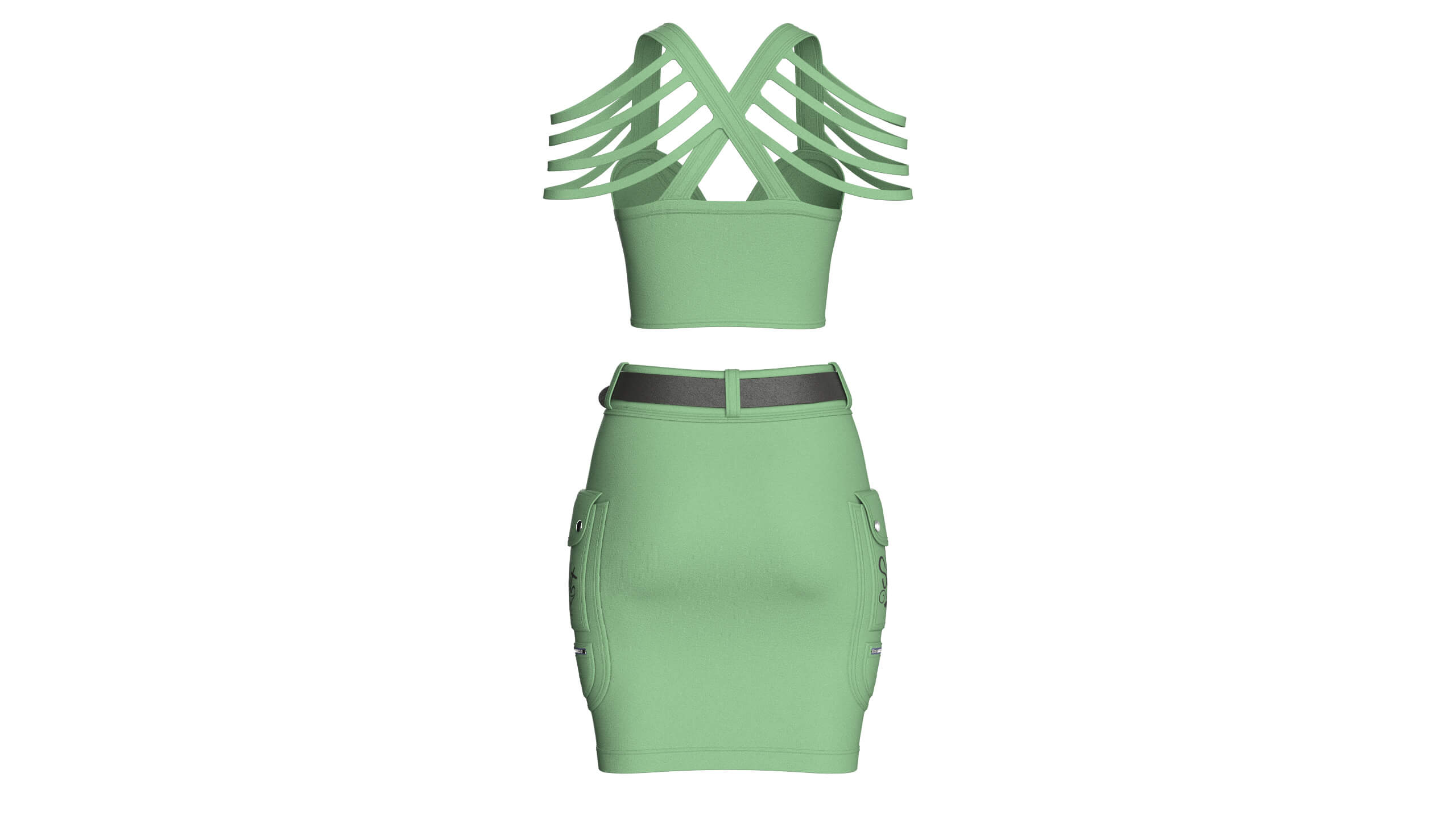 Girls Shoulder Strap Crop Top With Cargo Skirt 3D Model