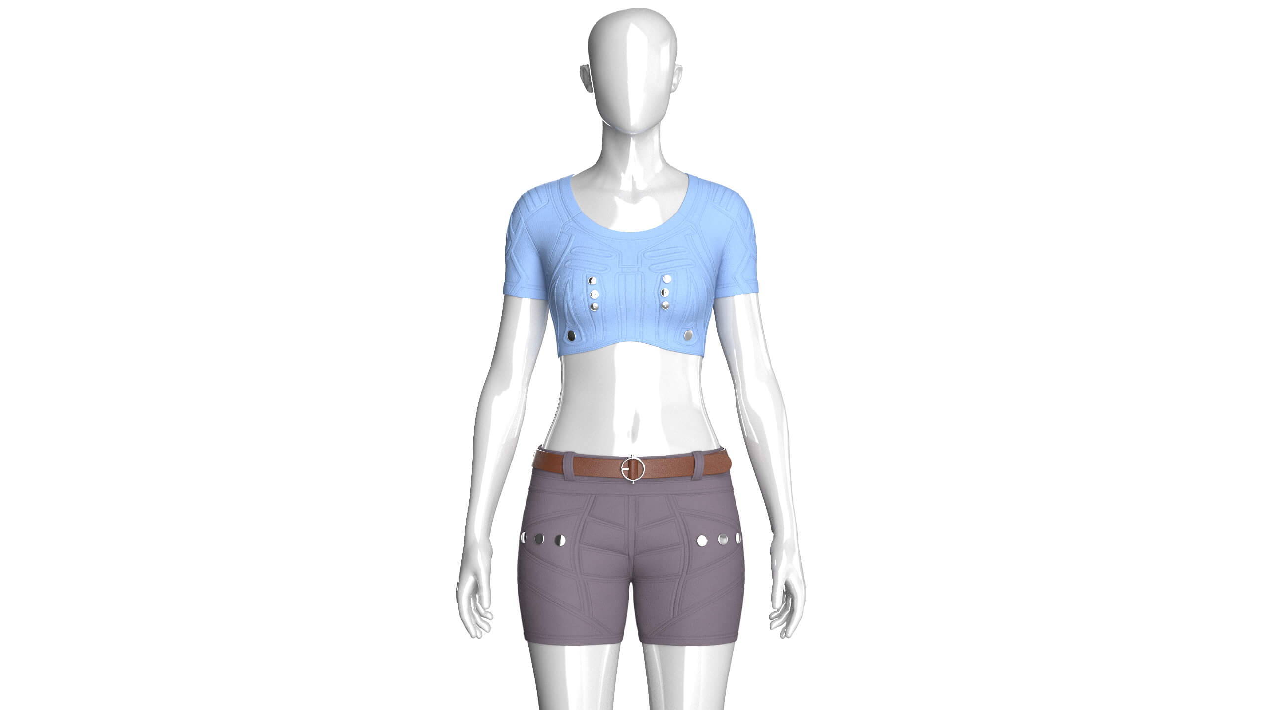 Girls Snap Button Short Sleeve Crop Top with Shorts 3D Model