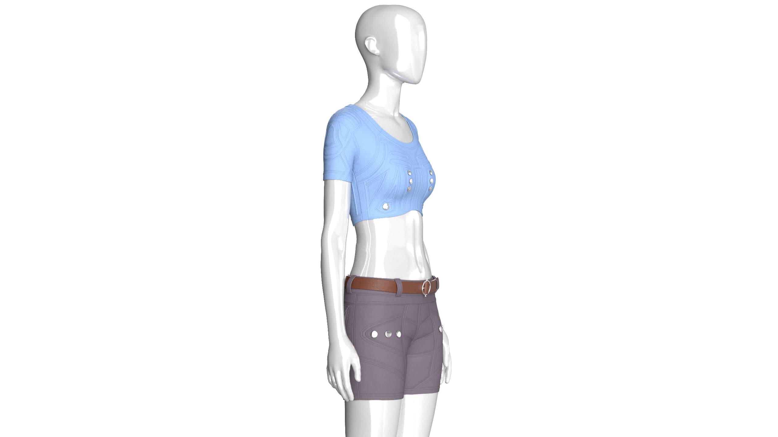Girls Snap Button Short Sleeve Crop Top with Shorts 3D Model