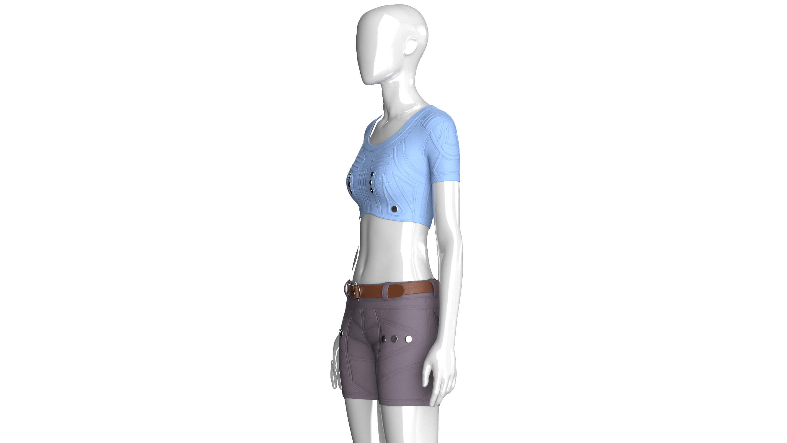Girls Snap Button Short Sleeve Crop Top with Shorts 3D Model
