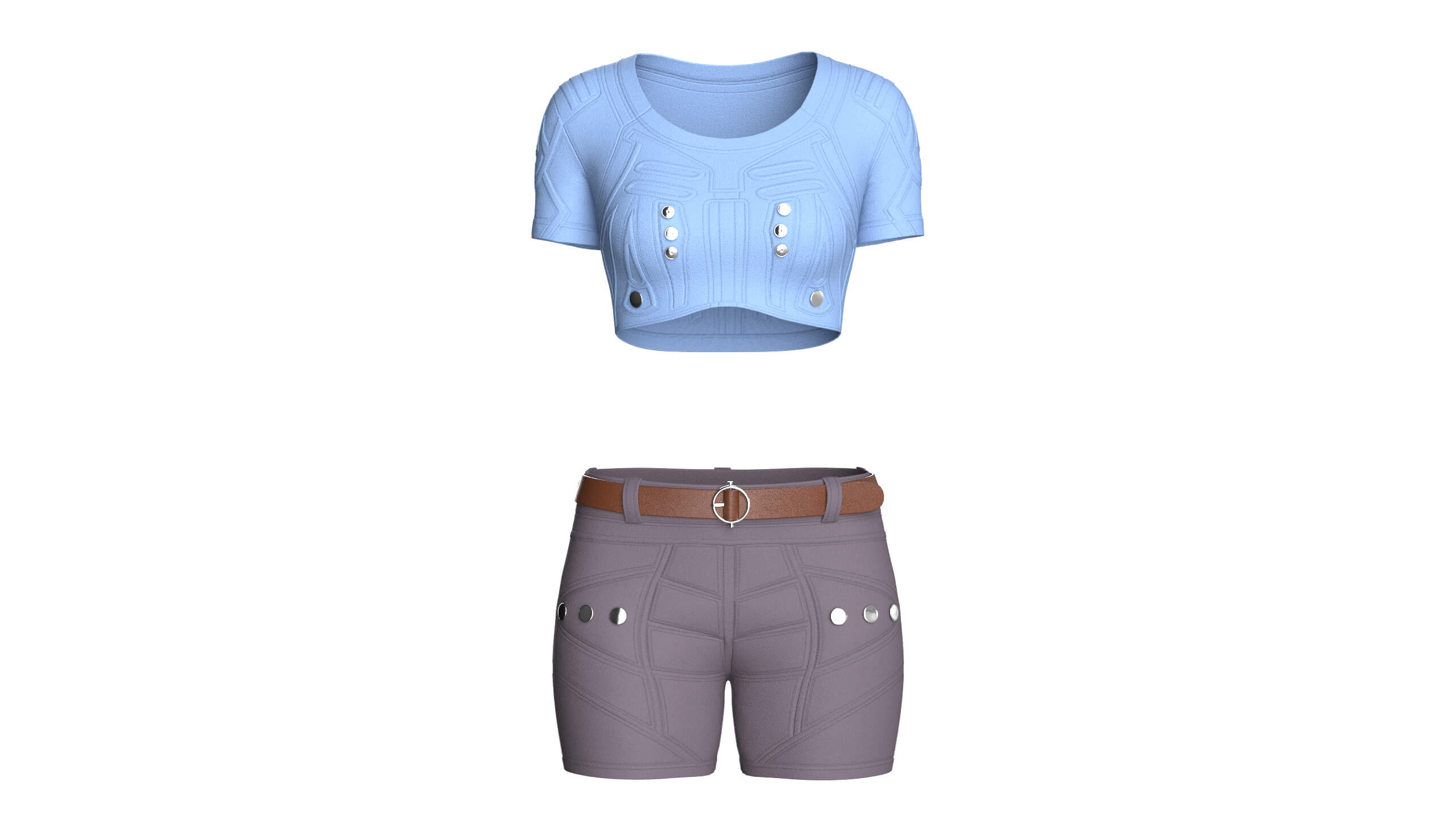 Girls Snap Button Short Sleeve Crop Top with Shorts 3D Model