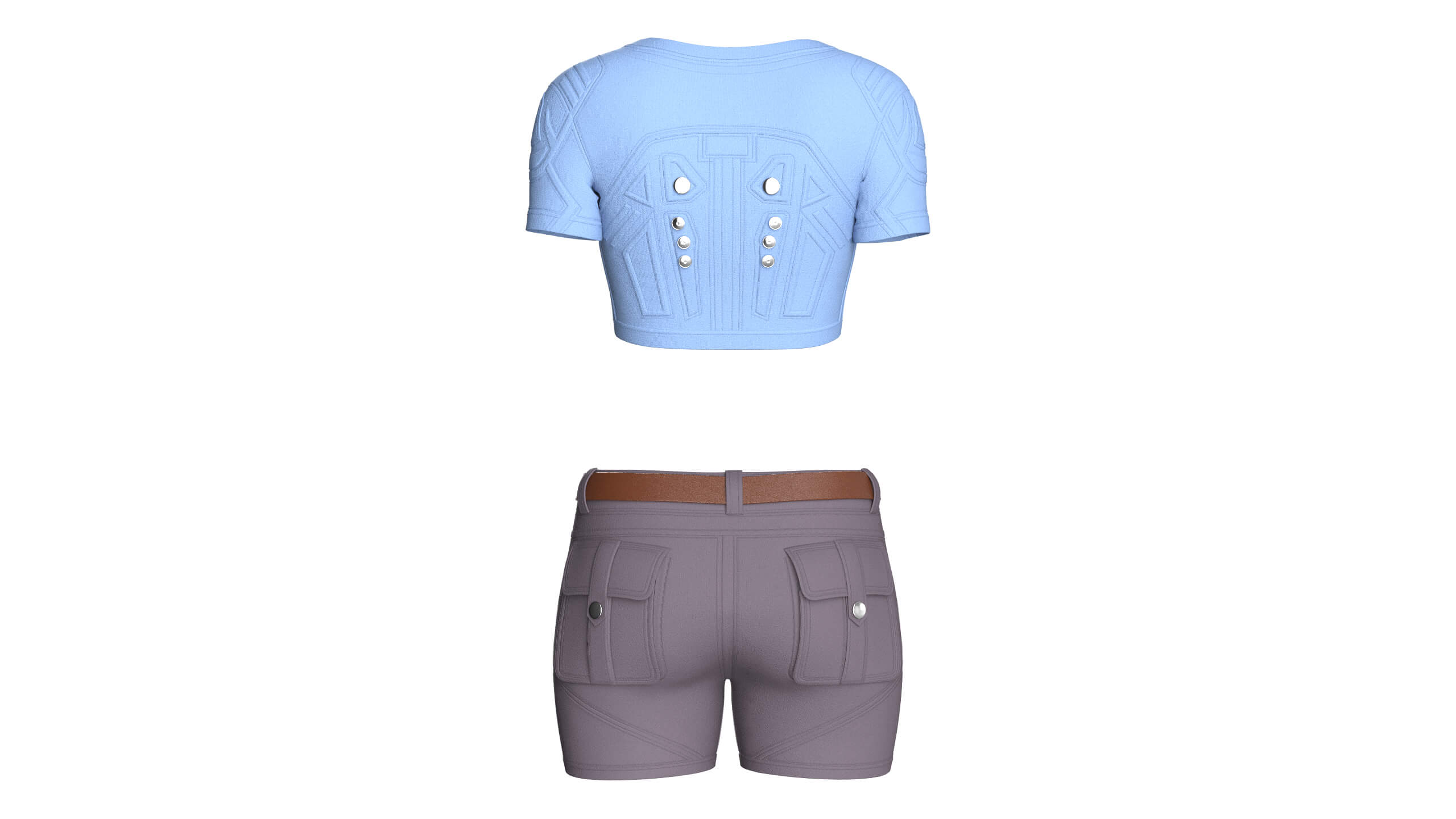 Girls Snap Button Short Sleeve Crop Top with Shorts 3D Model