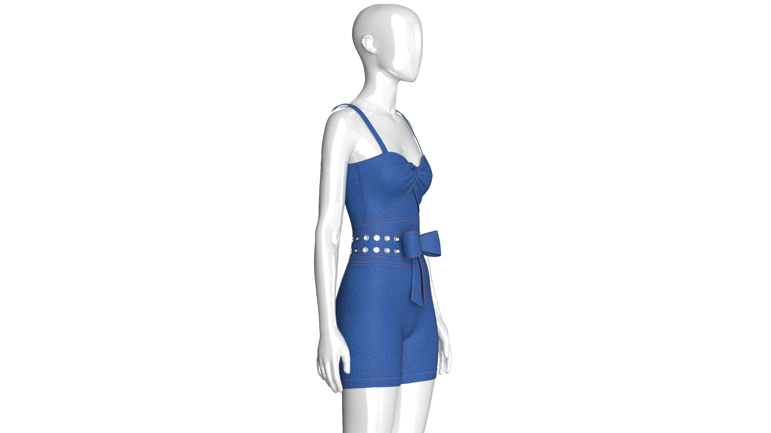 Girls Sweetheart Neck Denim Romper with Eyelet 3D Model
