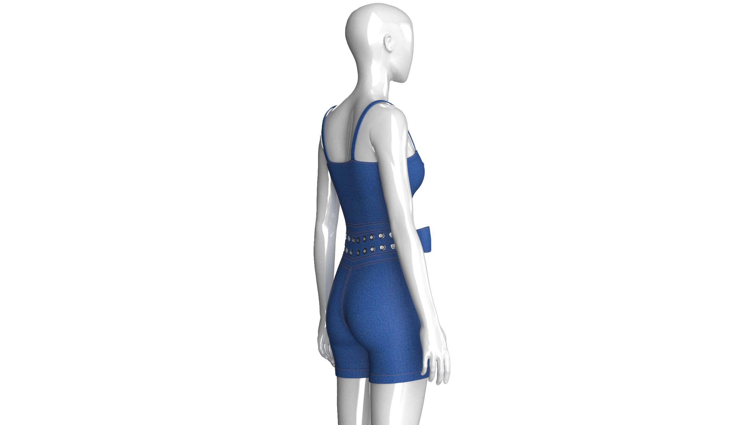 Girls Sweetheart Neck Denim Romper with Eyelet 3D Model