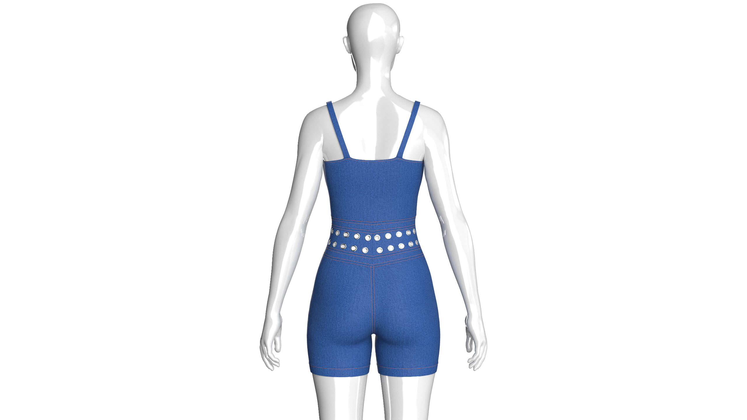 Girls Sweetheart Neck Denim Romper with Eyelet 3D Model