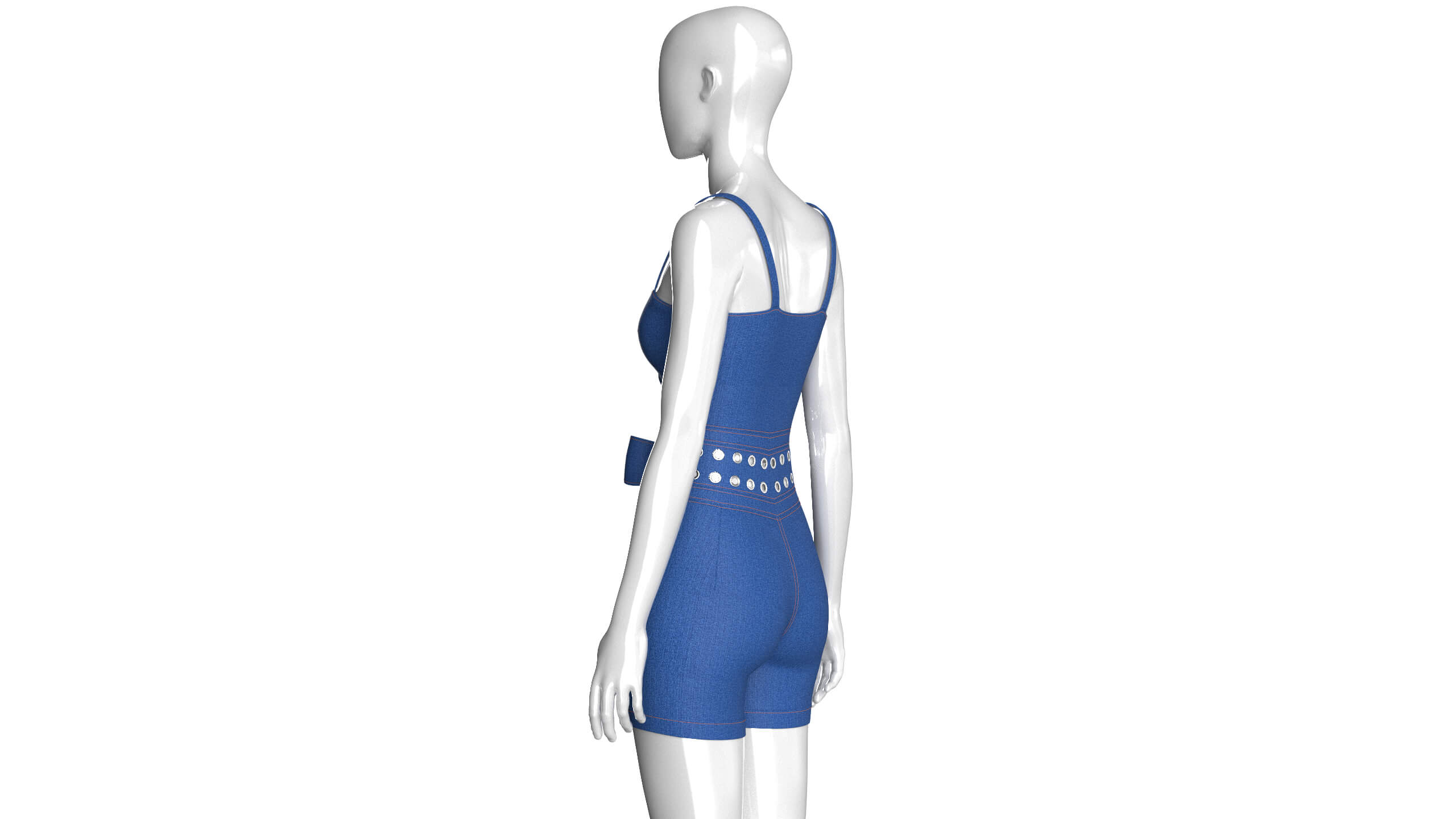 Girls Sweetheart Neck Denim Romper with Eyelet 3D Model