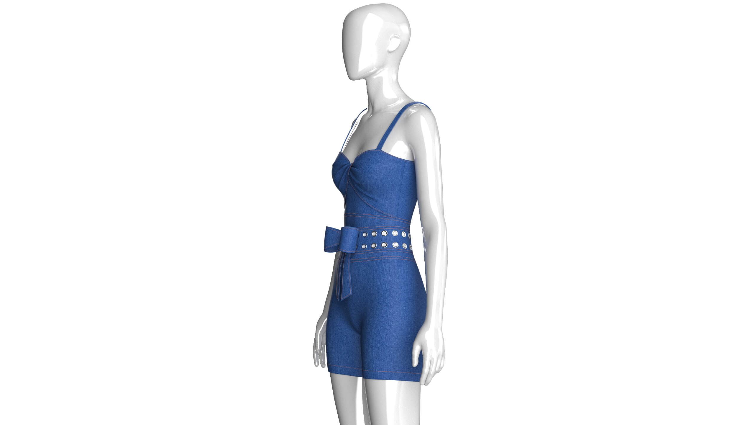 Girls Sweetheart Neck Denim Romper with Eyelet 3D Model