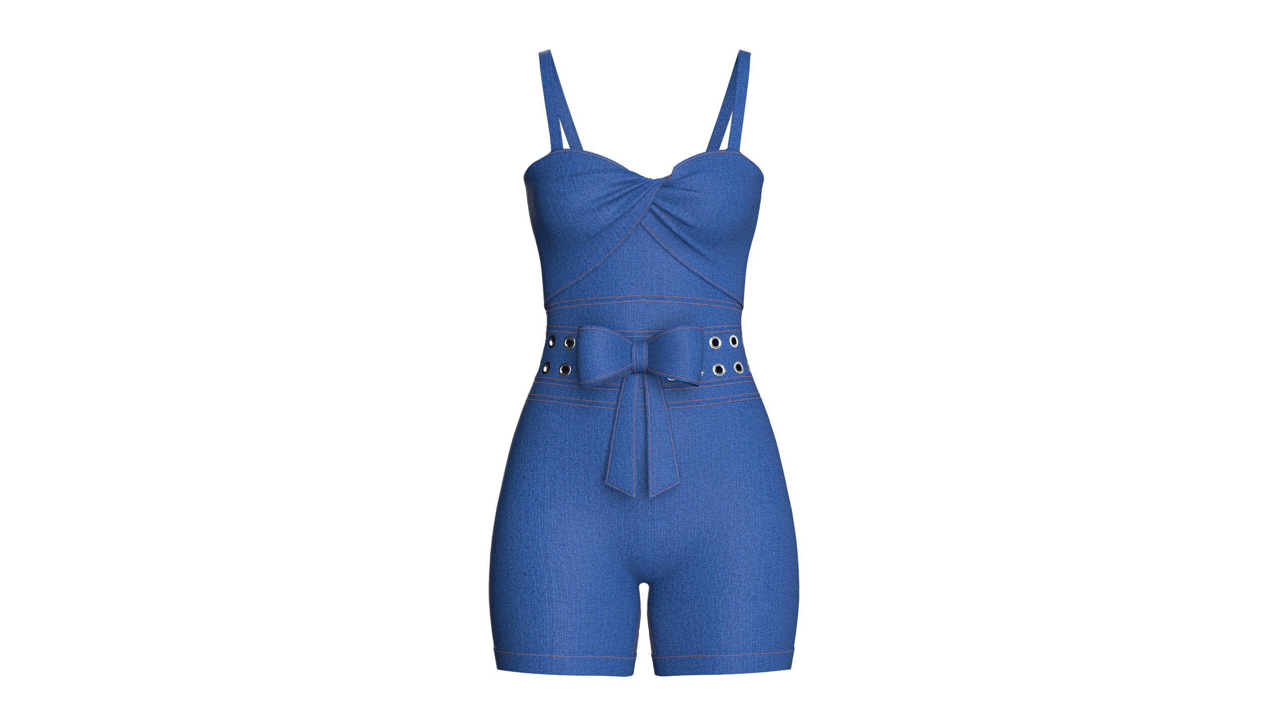 Girls Sweetheart Neck Denim Romper with Eyelet 3D Model