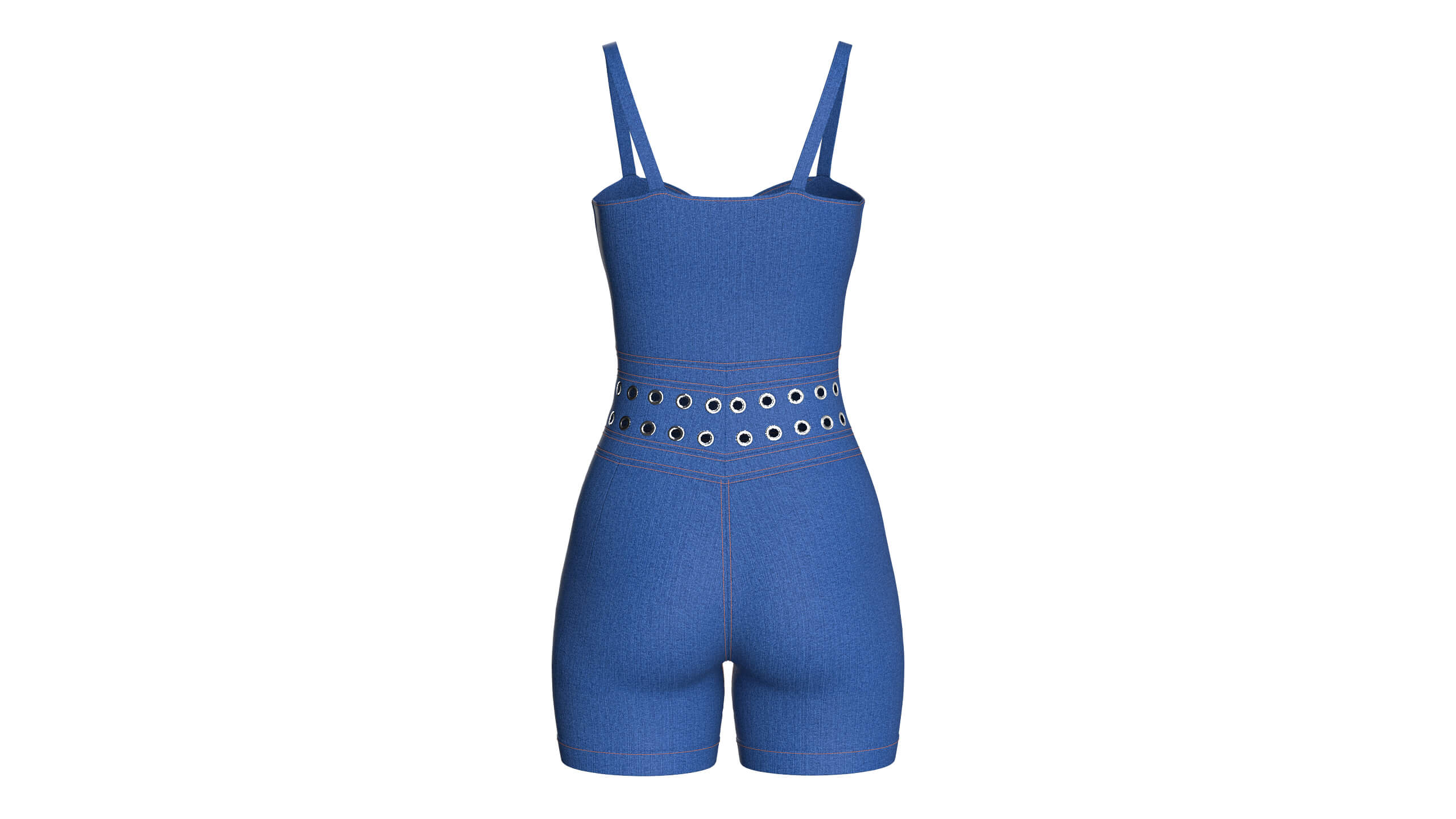 Girls Sweetheart Neck Denim Romper with Eyelet 3D Model