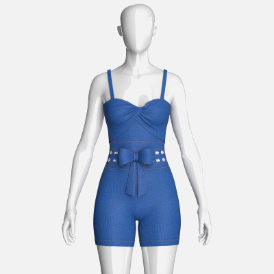 Girls Sweetheart Neck Denim Romper with Eyelet