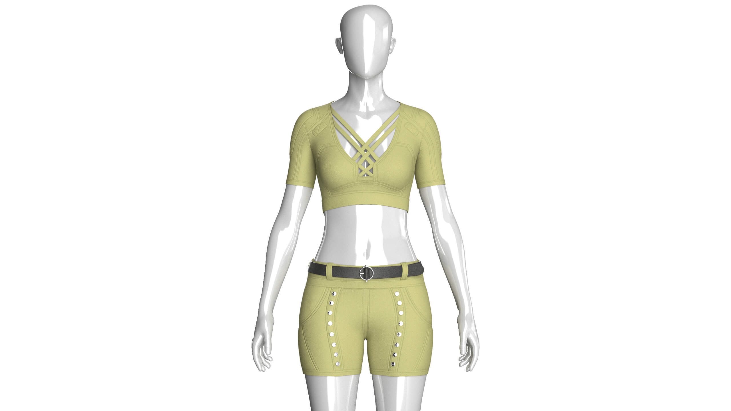 Girls Tactical Criss Cross Strap Crop Top with Shorts 3D Model