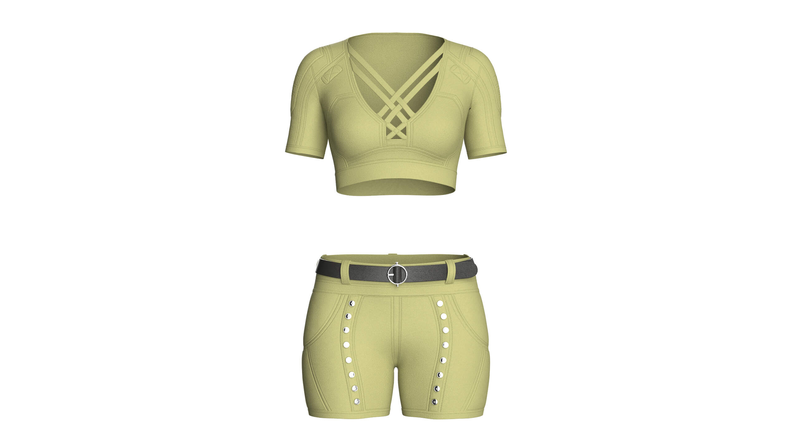 Girls Tactical Criss Cross Strap Crop Top with Shorts 3D Model