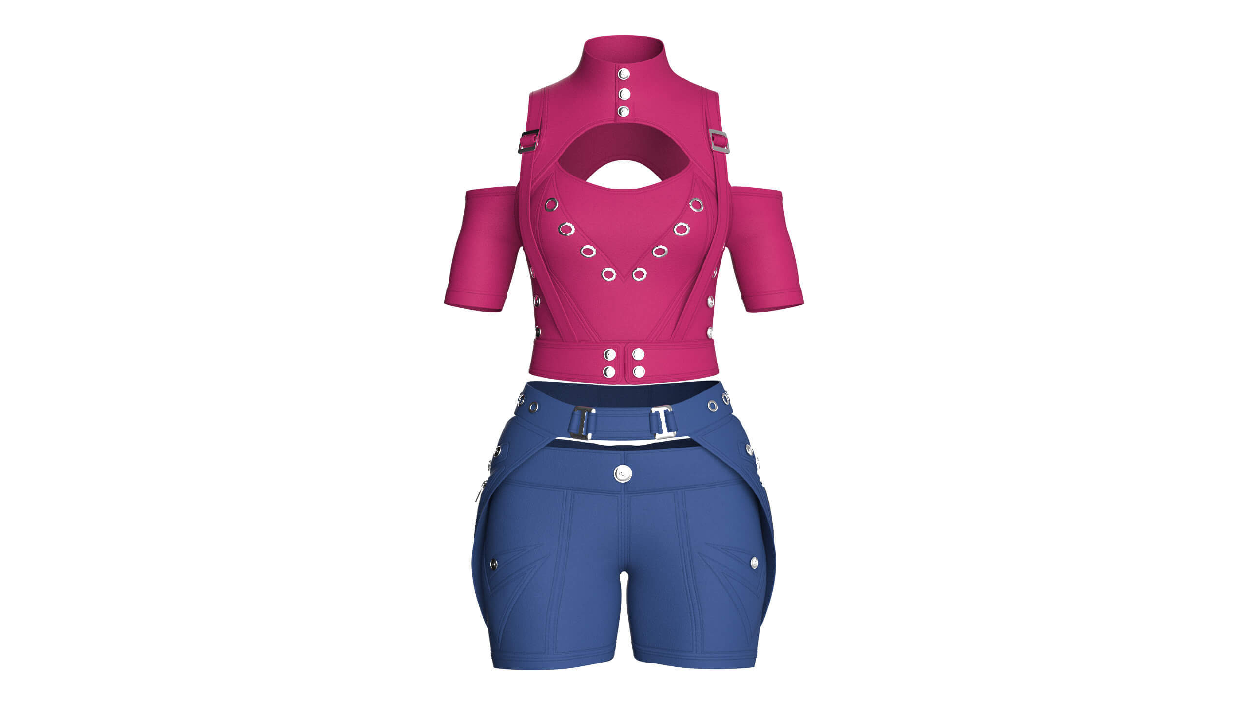 Girls Tactical Keyhole Crop Top with Shorts 3D Model