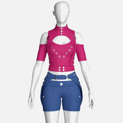 Girls Tactical Keyhole Crop Top with Shorts 3D Model