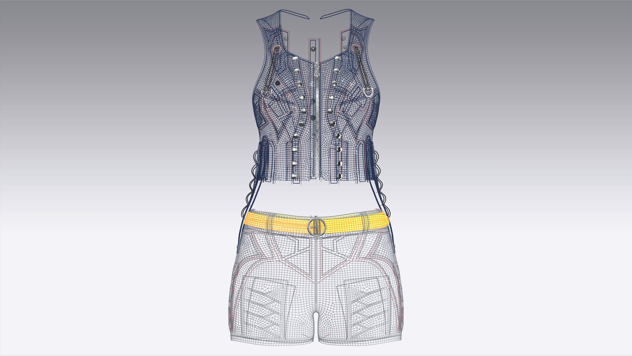 Girls Tactical Zip Up Crop Top with Shorts - Outfit 3D Model