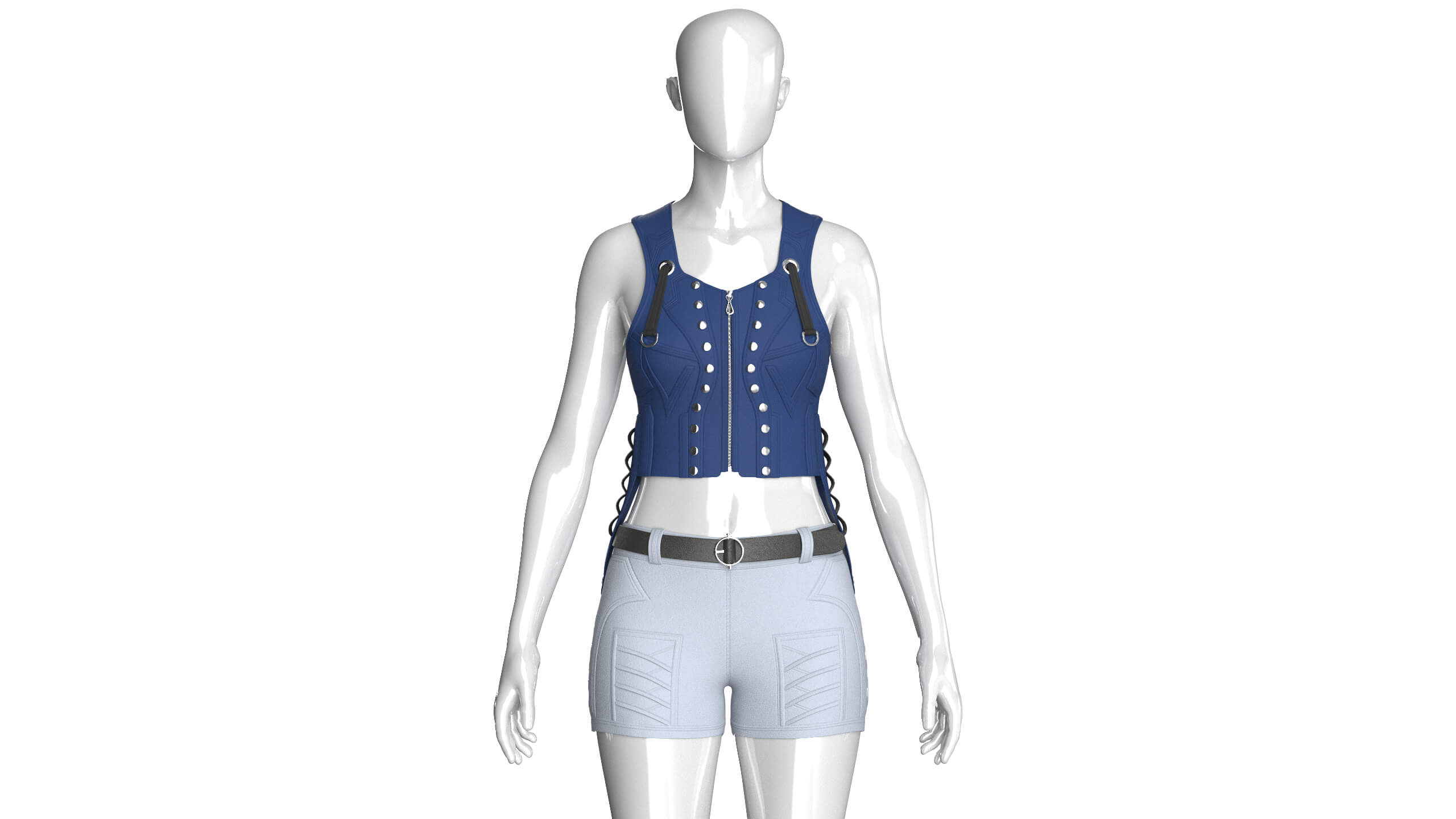 Girls Tactical Zip Up Crop Top with Shorts - Outfit 3D Model
