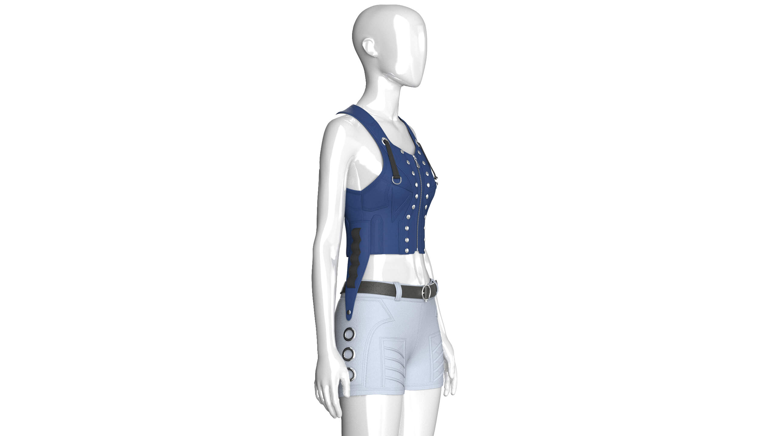 Girls Tactical Zip Up Crop Top with Shorts - Outfit 3D Model