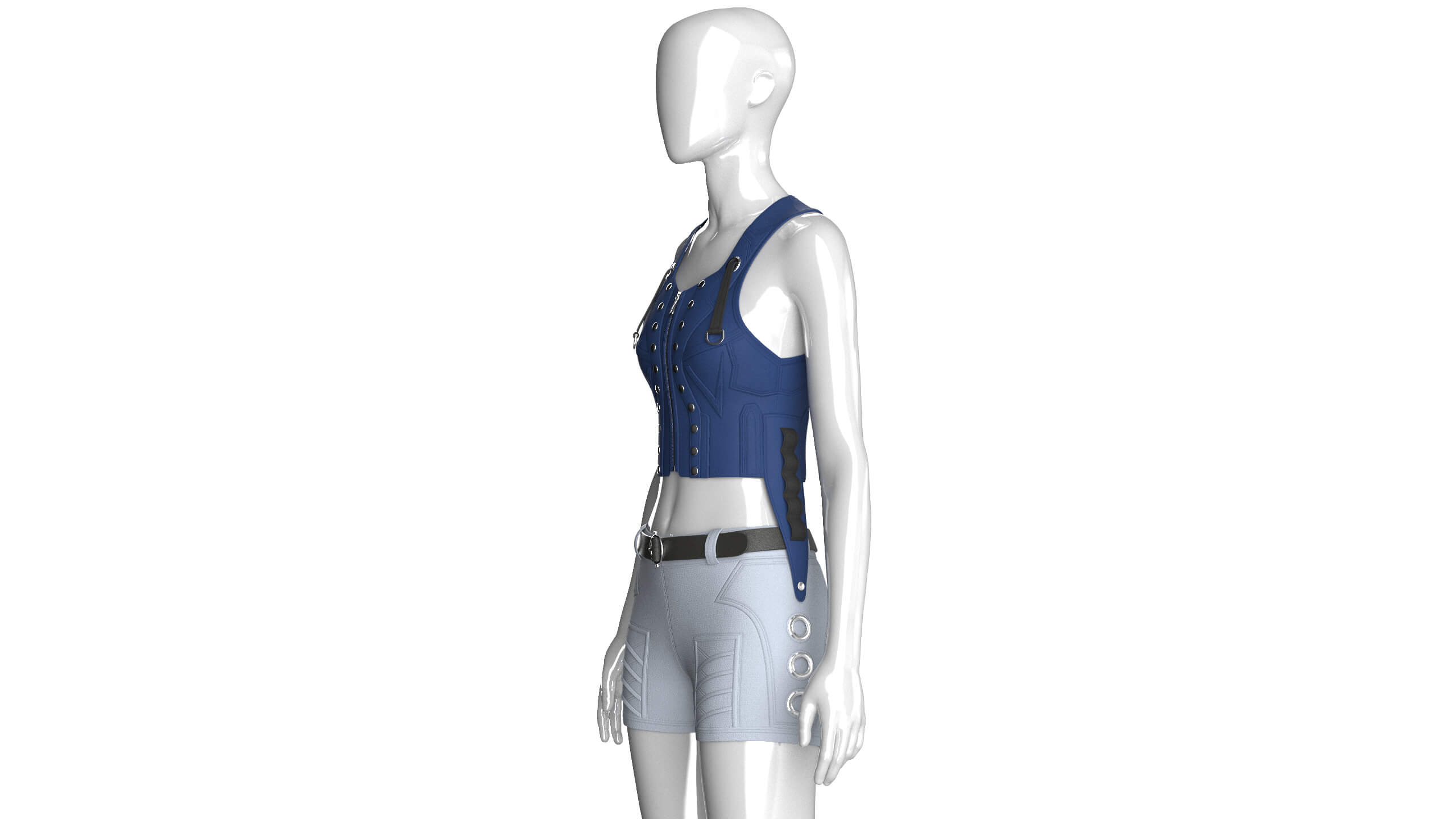 Girls Tactical Zip Up Crop Top with Shorts - Outfit 3D Model