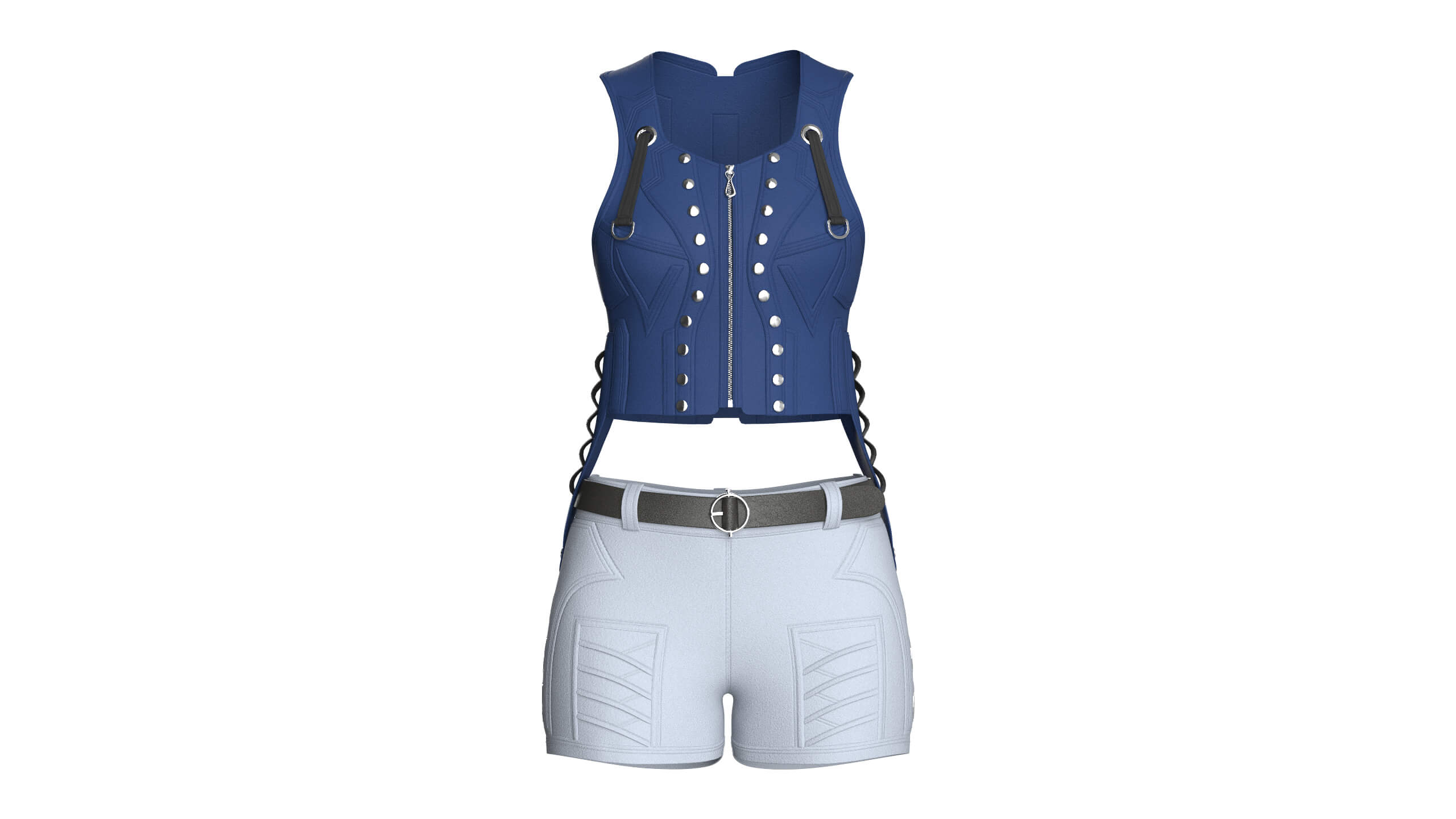 Girls Tactical Zip Up Crop Top with Shorts - Outfit 3D Model