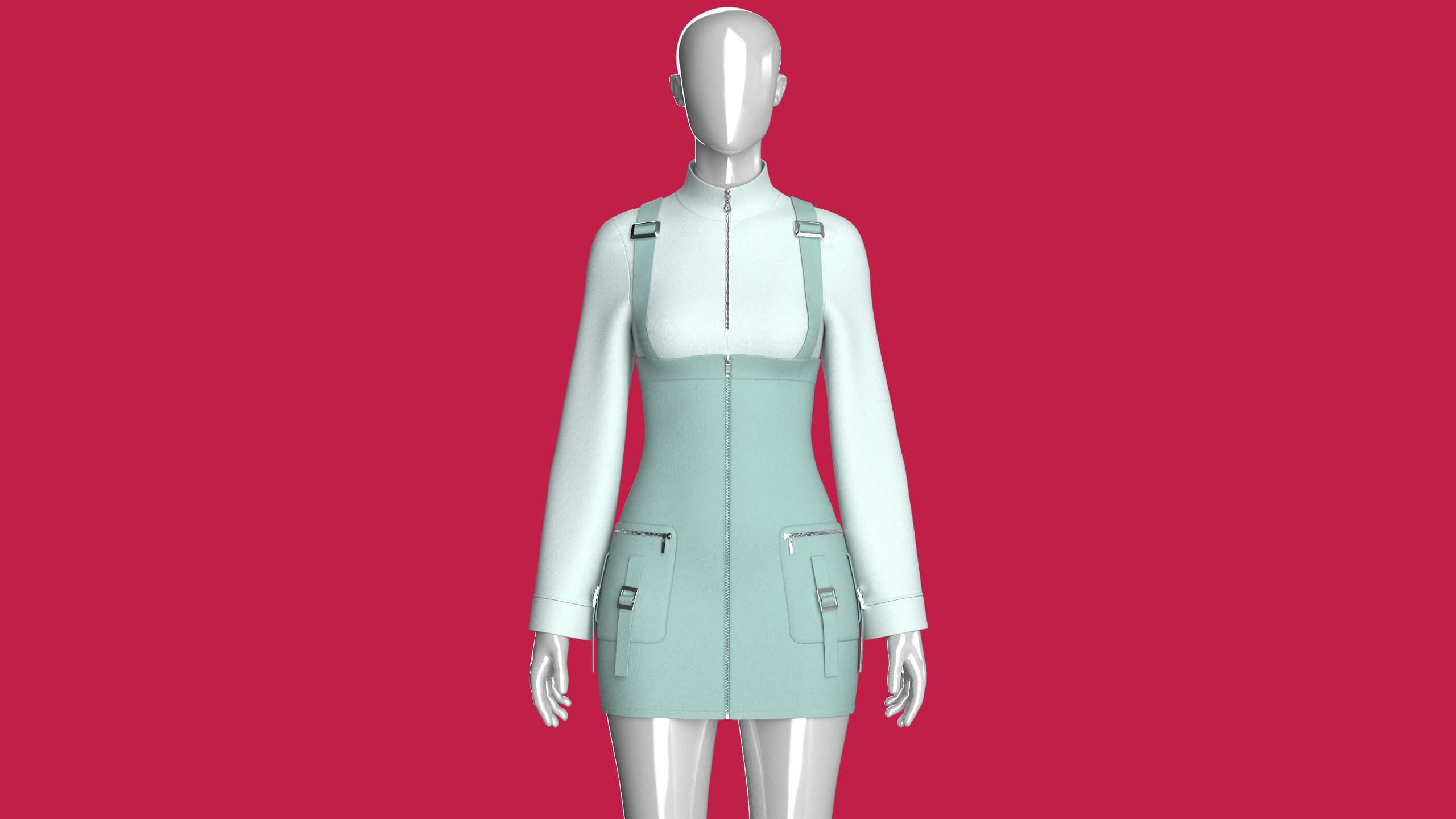 Girls Utility Overall Skirt with Half-Zip Top 3D Model