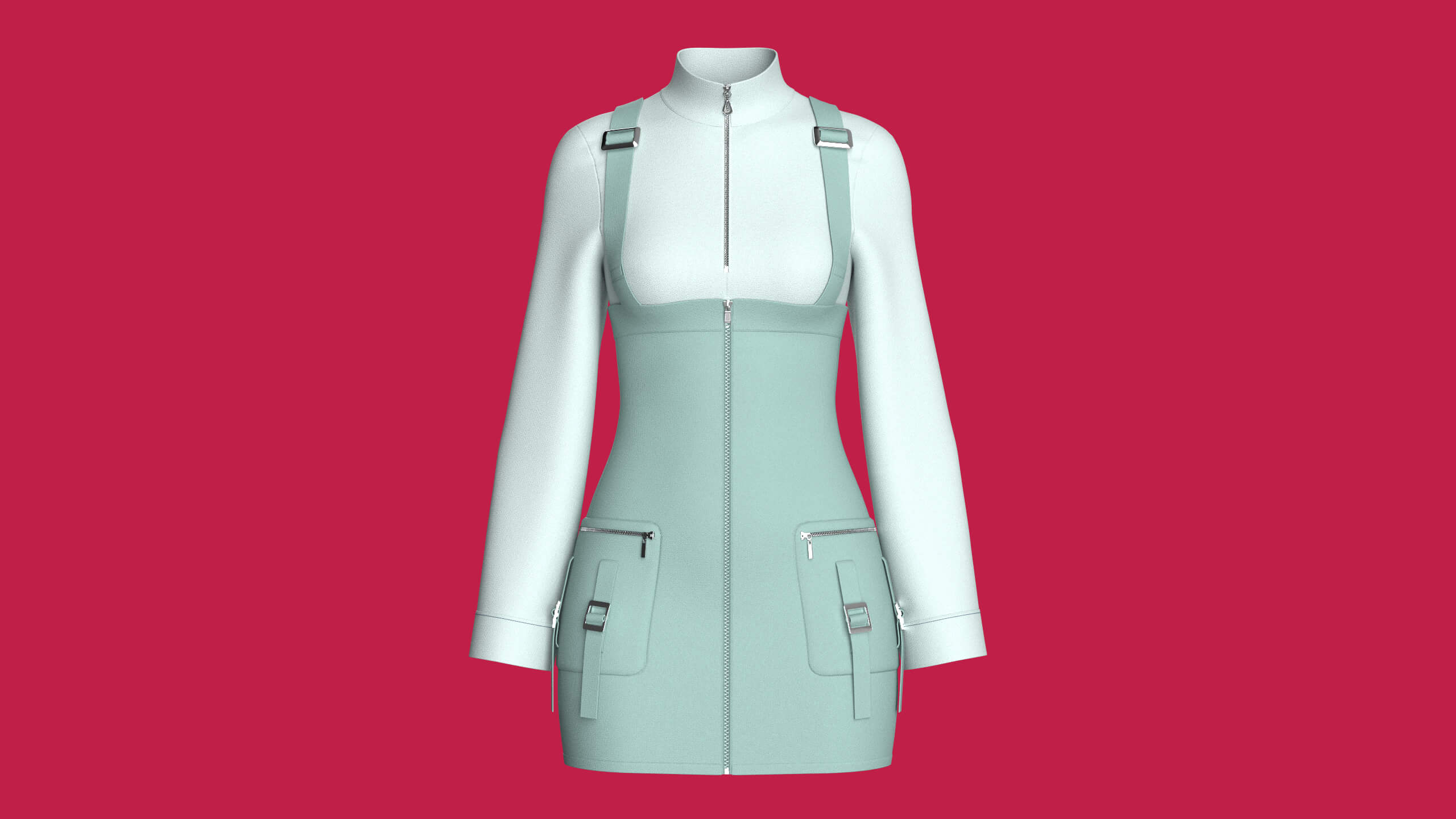 Girls Utility Overall Skirt with Half-Zip Top 3D Model