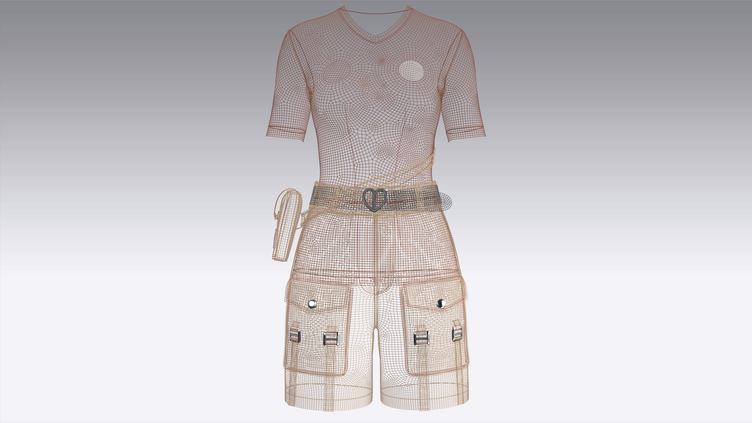 Girls V-Neck Top and Cargo Shorts with Belt 3D Model
