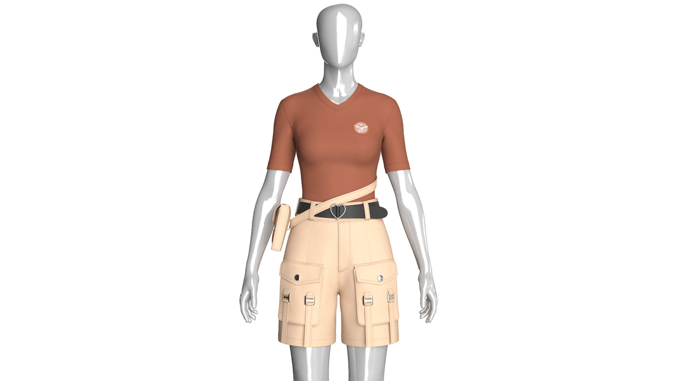Girls V-Neck Top and Cargo Shorts with Belt 3D Model