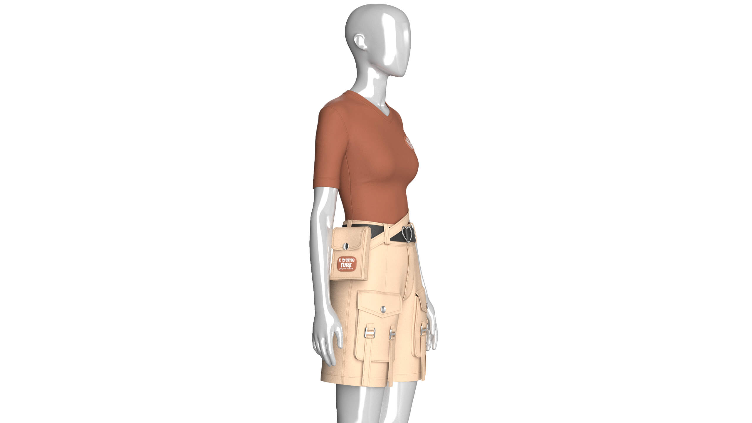 Girls V-Neck Top and Cargo Shorts with Belt 3D Model