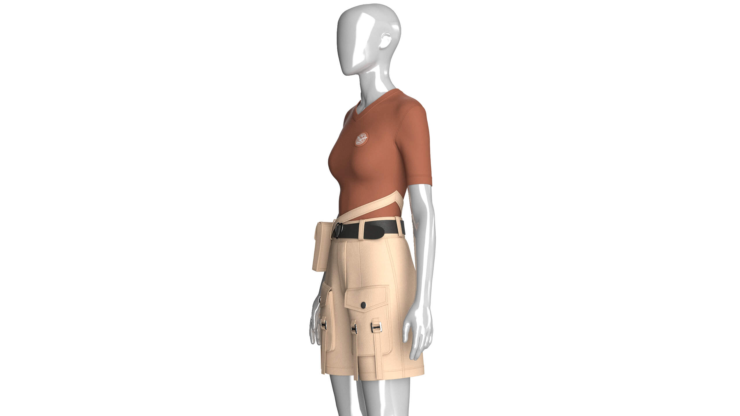 Girls V-Neck Top and Cargo Shorts with Belt 3D Model