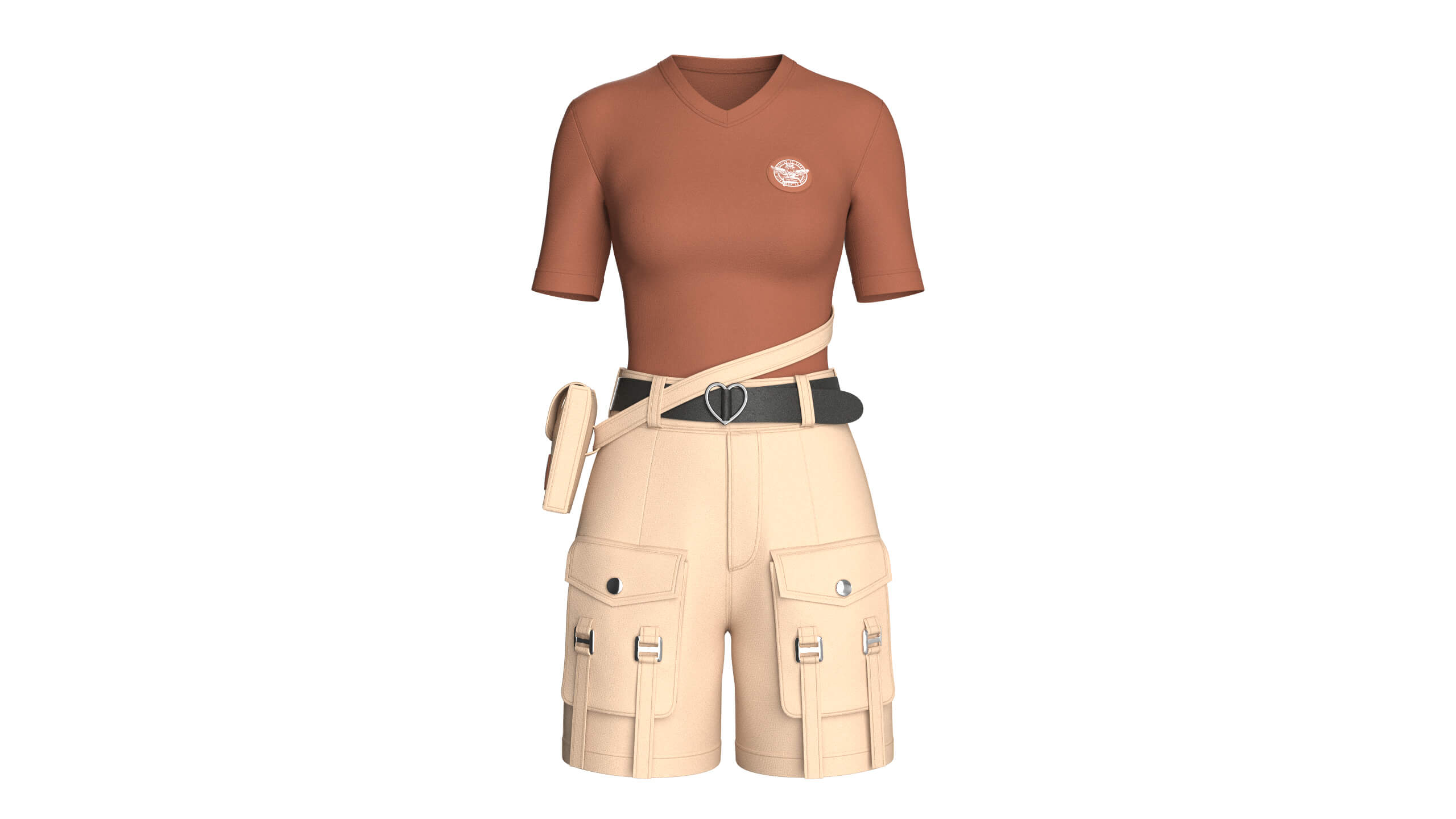 Girls V-Neck Top and Cargo Shorts with Belt 3D Model