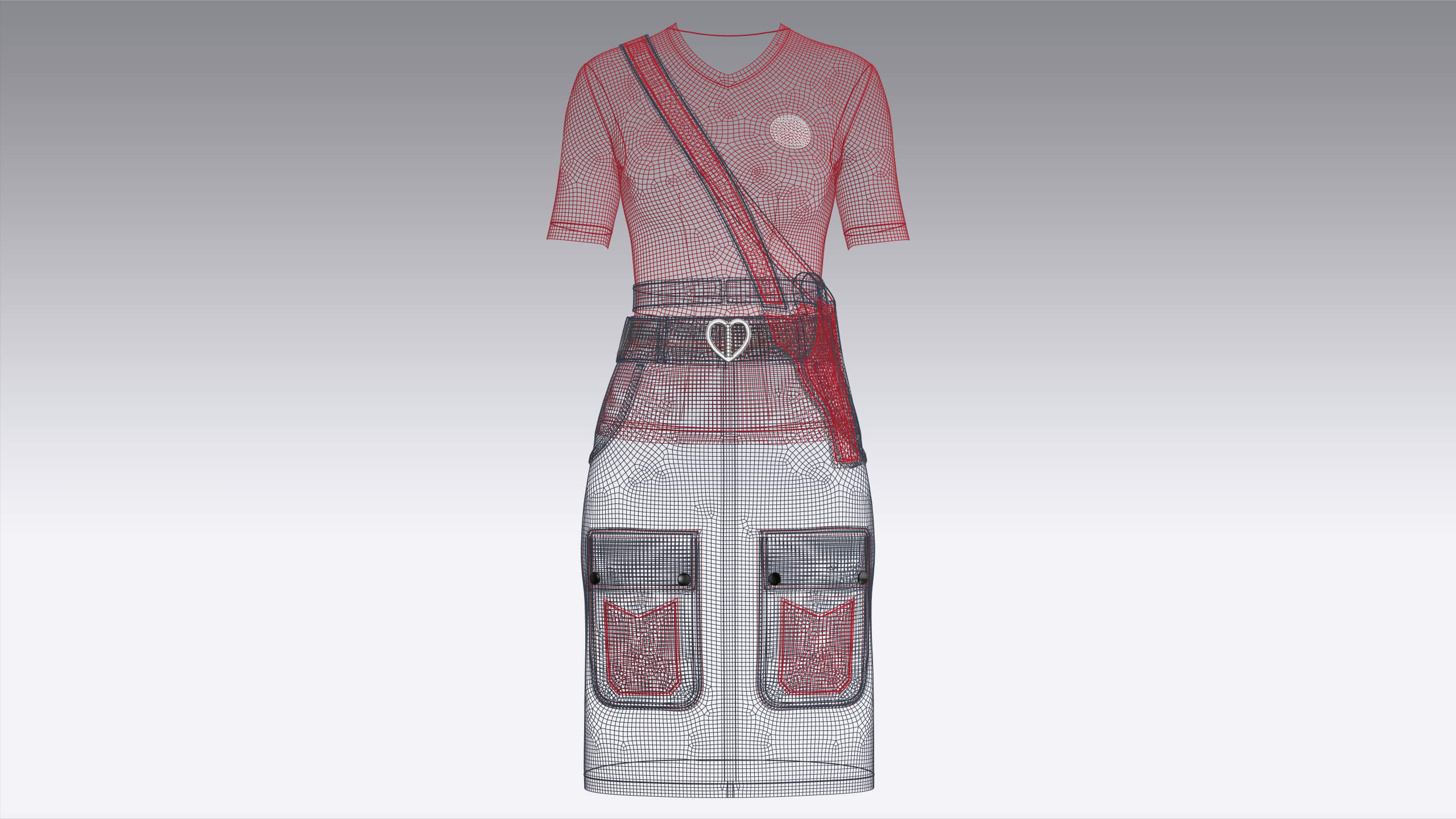 Girls V-Neck Top with Tactical Cargo Skirt 3D Model